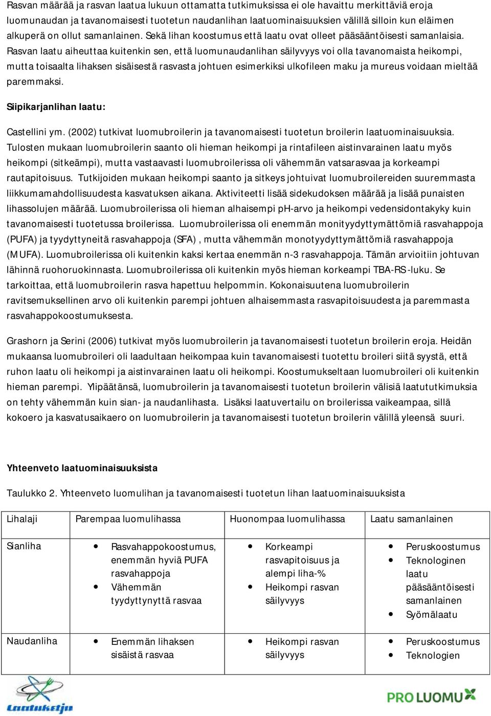 Rasvan laatu aiheuttaa kuitenkin sen, että luomunaudanlihan säilyvyys voi olla tavanomaista heikompi, mutta toisaalta lihaksen sisäisestä rasvasta johtuen esimerkiksi ulkofileen maku ja mureus