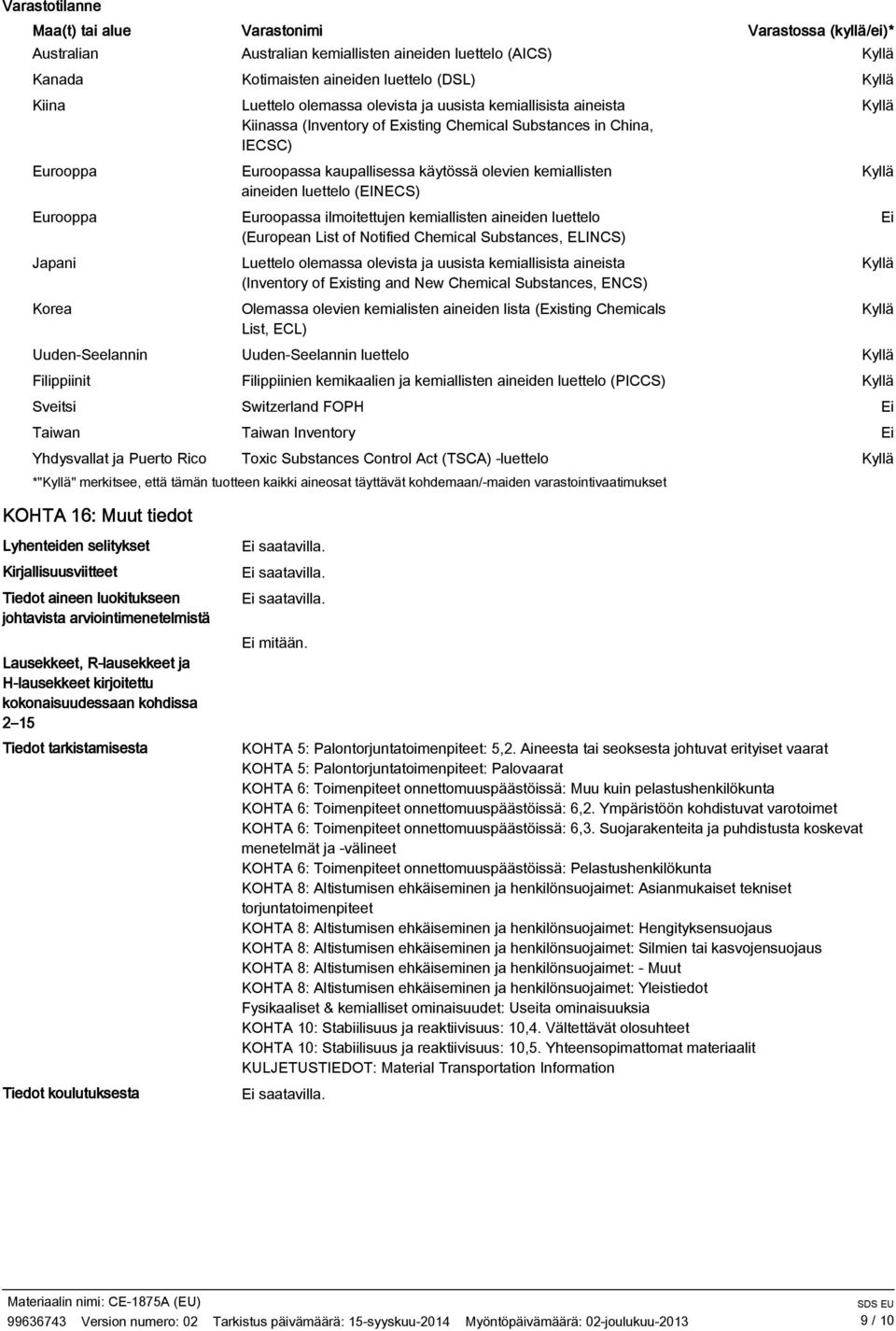 Euroopassa kaupallisessa käytössä olevien kemiallisten aineiden luettelo (EINECS) Euroopassa ilmoitettujen kemiallisten aineiden luettelo (European List of Notified Chemical Substances, ELINCS)