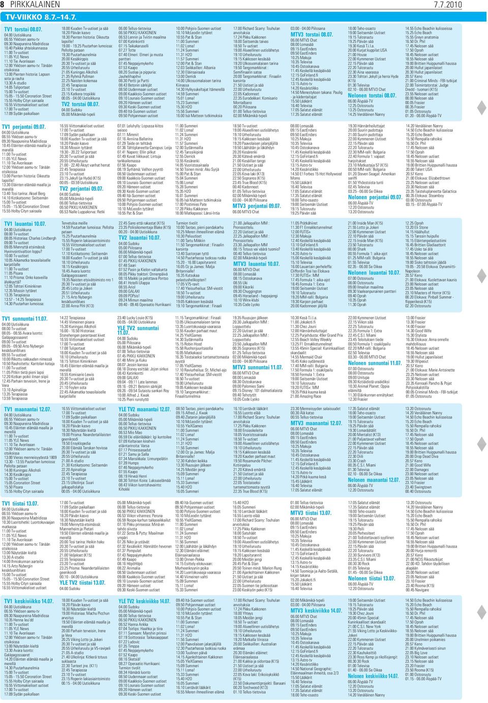 09 Sydän paikallaan 18.20 Päivän kasvo 18.30 Pienten historia: Oikeutta lapsille! 19.00-19.25 Puutarhan lumoissa: Pellolta pataan 19.30 Puutarhaunelmia 20.00 Kesäkirppis 20.55 Urheiluruutu 21.