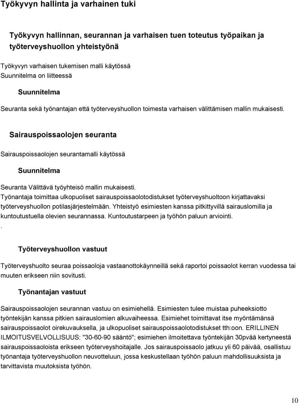 Sairauspoissaolojen seuranta Sairauspoissaolojen seurantamalli käytössä Suunnitelma Seuranta Välittävä työyhteisö mallin mukaisesti.