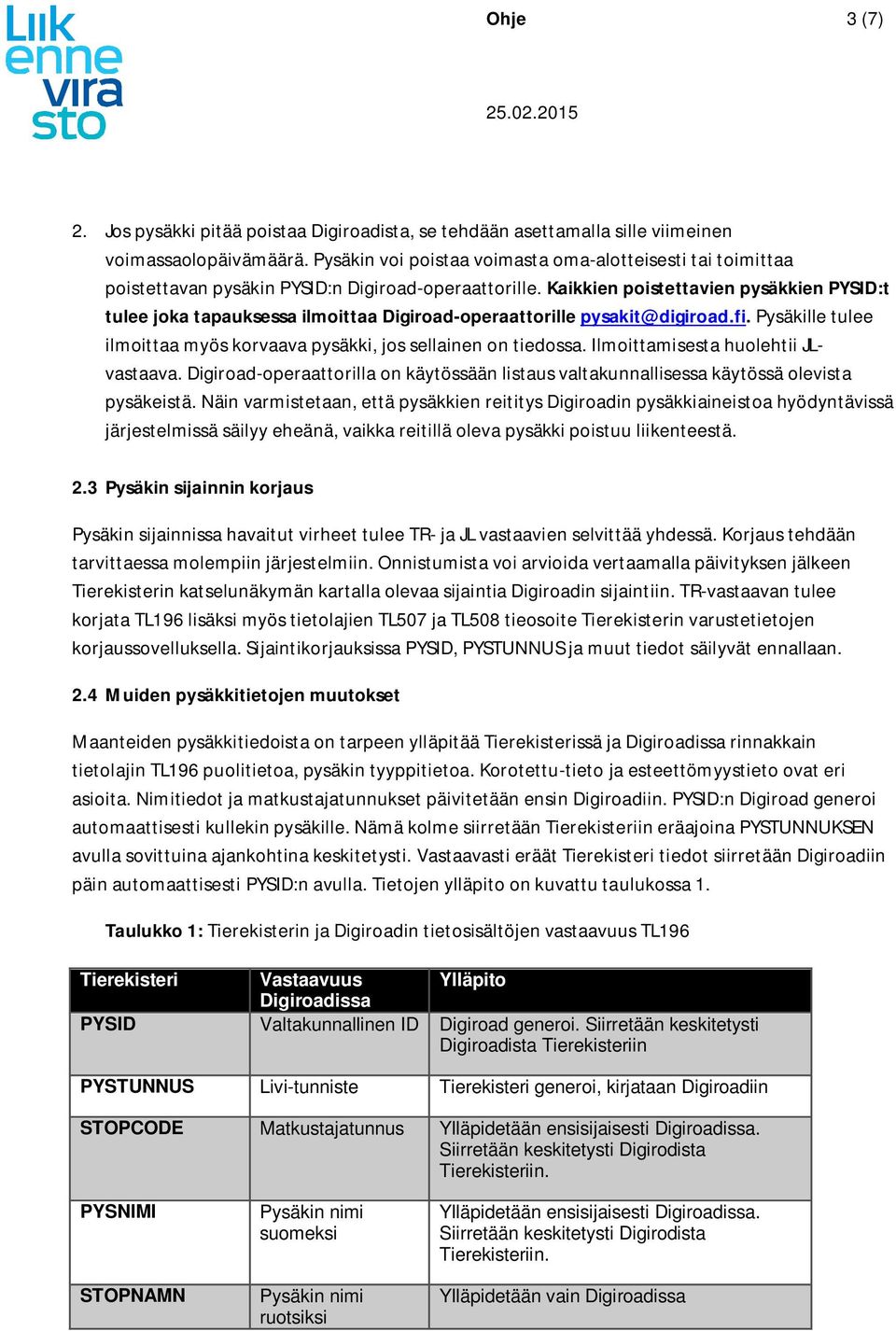 Kaikkien poistettavien pysäkkien PYSID:t tulee joka tapauksessa ilmoittaa Digiroad-operaattorille pysakit@digiroad.fi. Pysäkille tulee ilmoittaa myös korvaava pysäkki, jos sellainen on tiedossa.