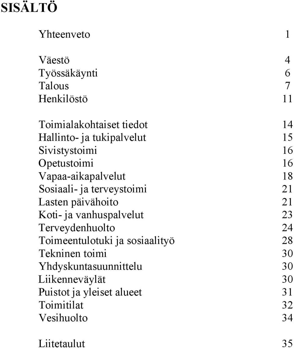 päivähoito 21 Koti- ja vanhuspalvelut 23 Terveydenhuolto 24 Toimeentulotuki ja sosiaalityö 28 Tekninen toimi