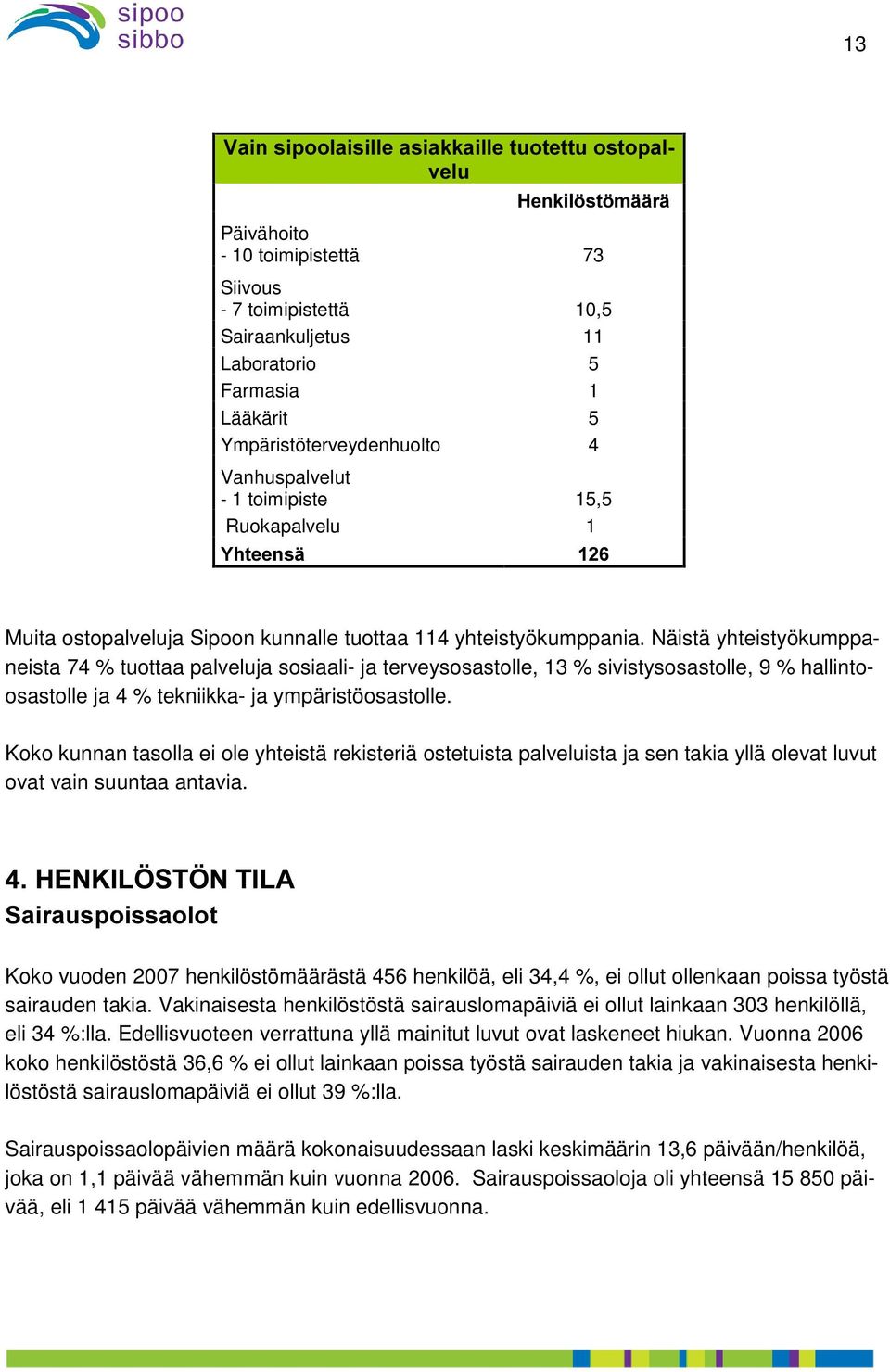 Näistä yhteistyökumppaneista 74 % tuottaa palveluja sosiaali- ja terveysosastolle, 13 % sivistysosastolle, 9 % hallintoosastolle ja 4 % tekniikka- ja ympäristöosastolle.