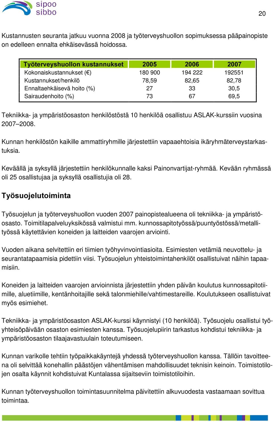 ympäristöosaston henkilöstöstä 10 henkilöä osallistuu ASLAK-kurssiin vuosina 2007 2008. Kunnan henkilöstön kaikille ammattiryhmille järjestettiin vapaaehtoisia ikäryhmäterveystarkastuksia.