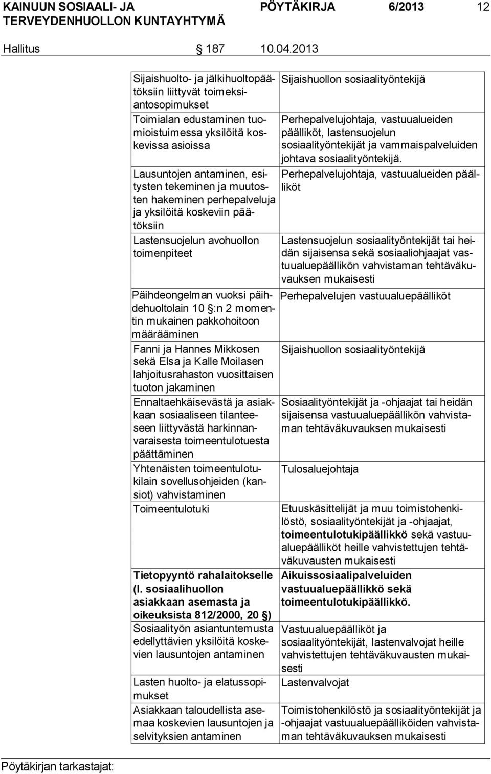 Perhepalvelujohtaja, vastuualueiden päälliköt, lastensuojelun sosiaalityöntekijät ja vammaispalveluiden johtava sosiaalityöntekijä.