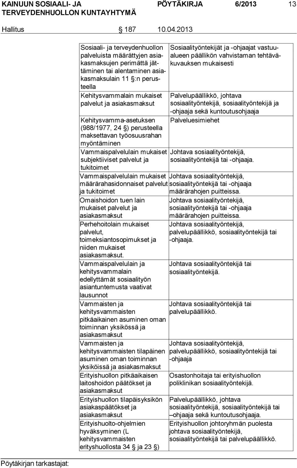 asiakasmaksut Kehitysvamma-asetuksen (988/1977, 24 ) perusteella maksettavan työosuusrahan myöntäminen Vammaispalvelulain mukaiset subjektiiviset palvelut ja tukitoimet Vammaispalvelulain mukaiset