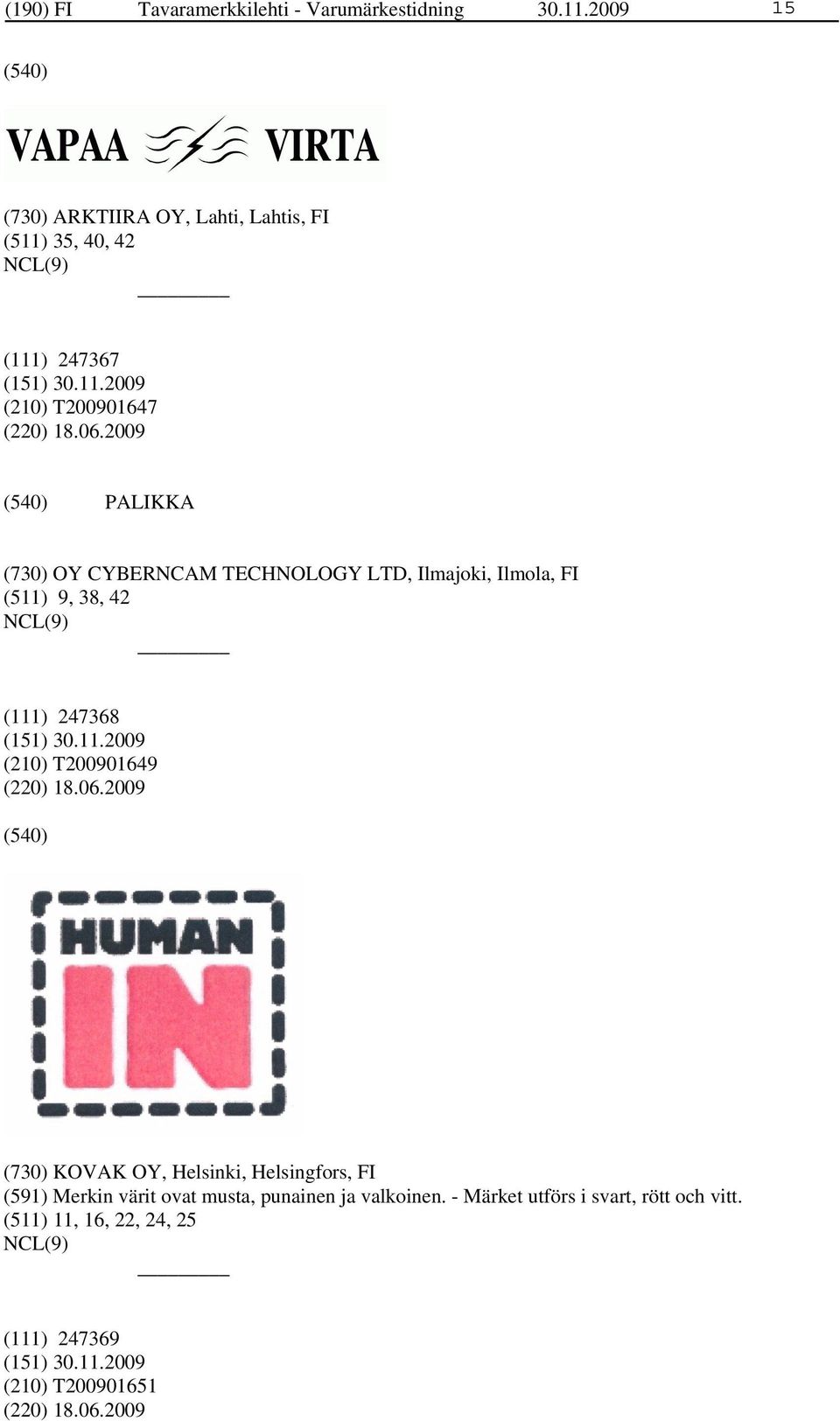 2009 PALIKKA (730) OY CYBERNCAM TECHNOLOGY LTD, Ilmajoki, Ilmola, FI (511) 9, 38, 42 (111) 247368 (210) T200901649 (220) 18.