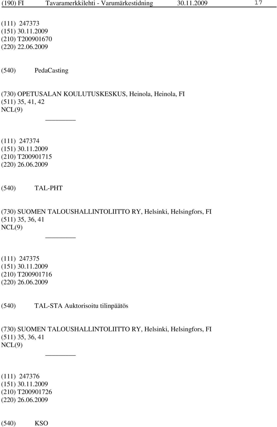 2009 TAL-PHT (730) SUOMEN TALOUSHALLINTOLIITTO RY, Helsinki, Helsingfors, FI (511) 35, 36, 41 (111) 247375 (210) T200901716 (220) 26.