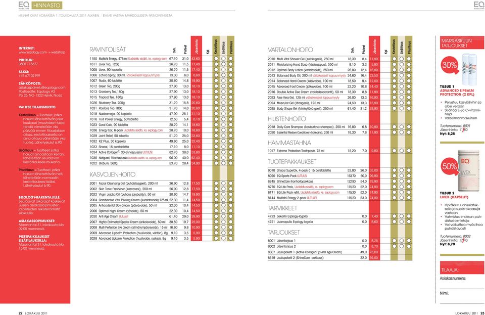 Pisteet Jäsenhinta Kpl Kestotilaus Lisätilaus Pikatilaus Marraskuun tarjoukset Puhelin: 0800 115677 Faksi: +47 67102199 Sähköposti: asiakaspalvelu@eqology.