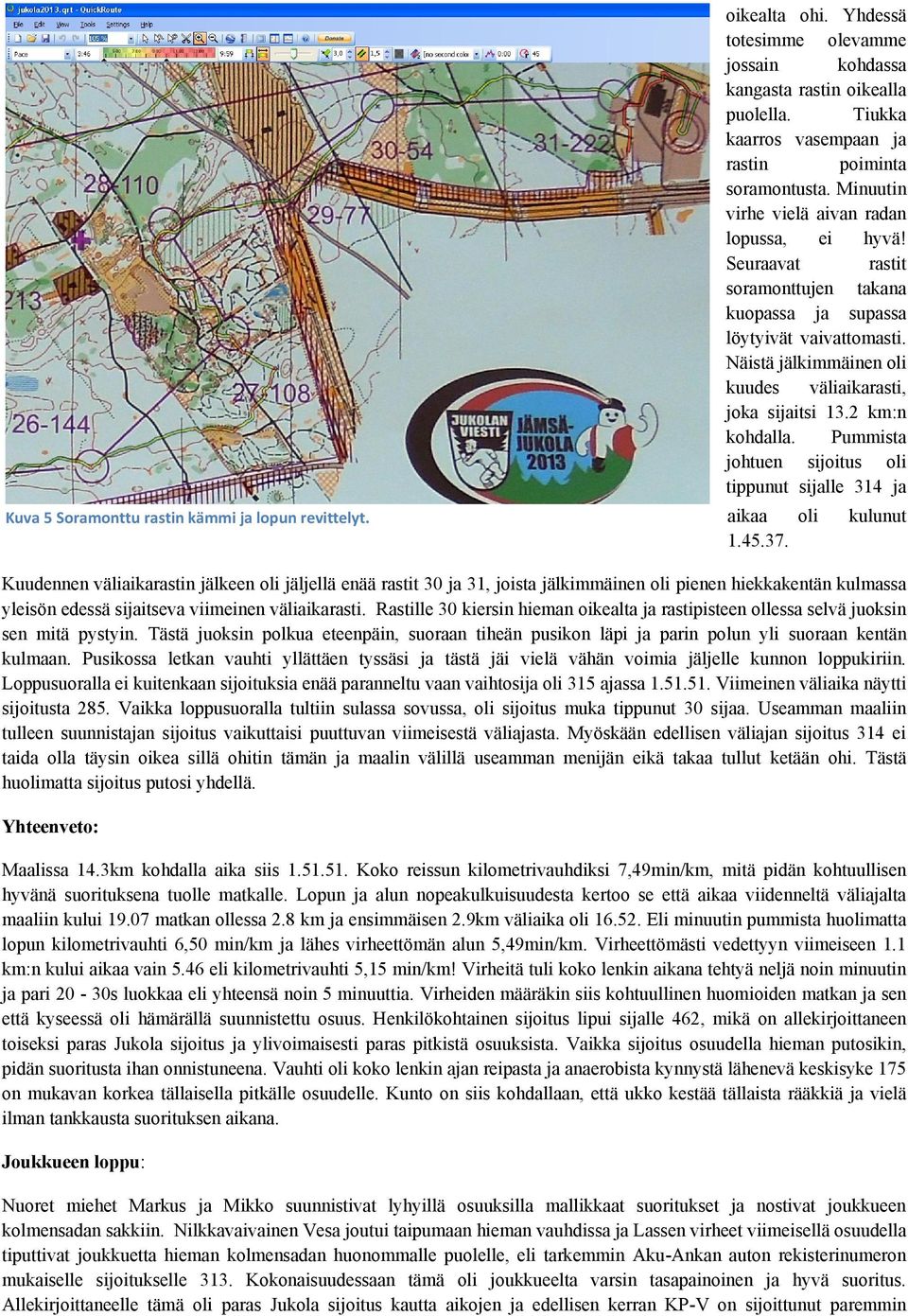 Näistä jälkimmäinen oli kuudes väliaikarasti, joka sijaitsi 13.2 km:n kohdalla. Pummista johtuen sijoitus oli tippunut sijalle 314 ja aikaa oli kulunut 1.45.37.