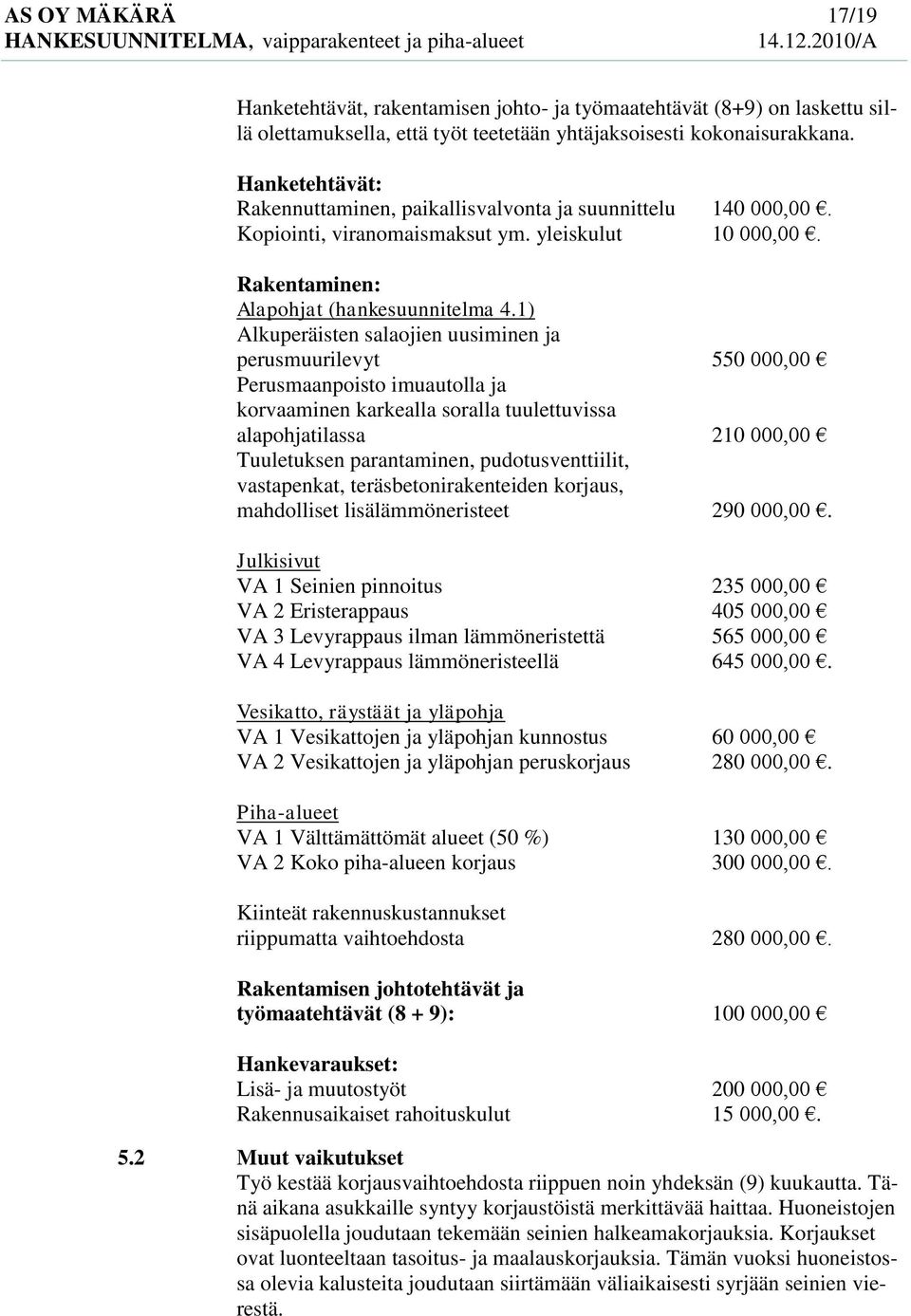 1) Alkuperäisten salaojien uusiminen ja perusmuurilevyt 550 000,00 Perusmaanpoisto imuautolla ja korvaaminen karkealla soralla tuulettuvissa alapohjatilassa 210 000,00 Tuuletuksen parantaminen,