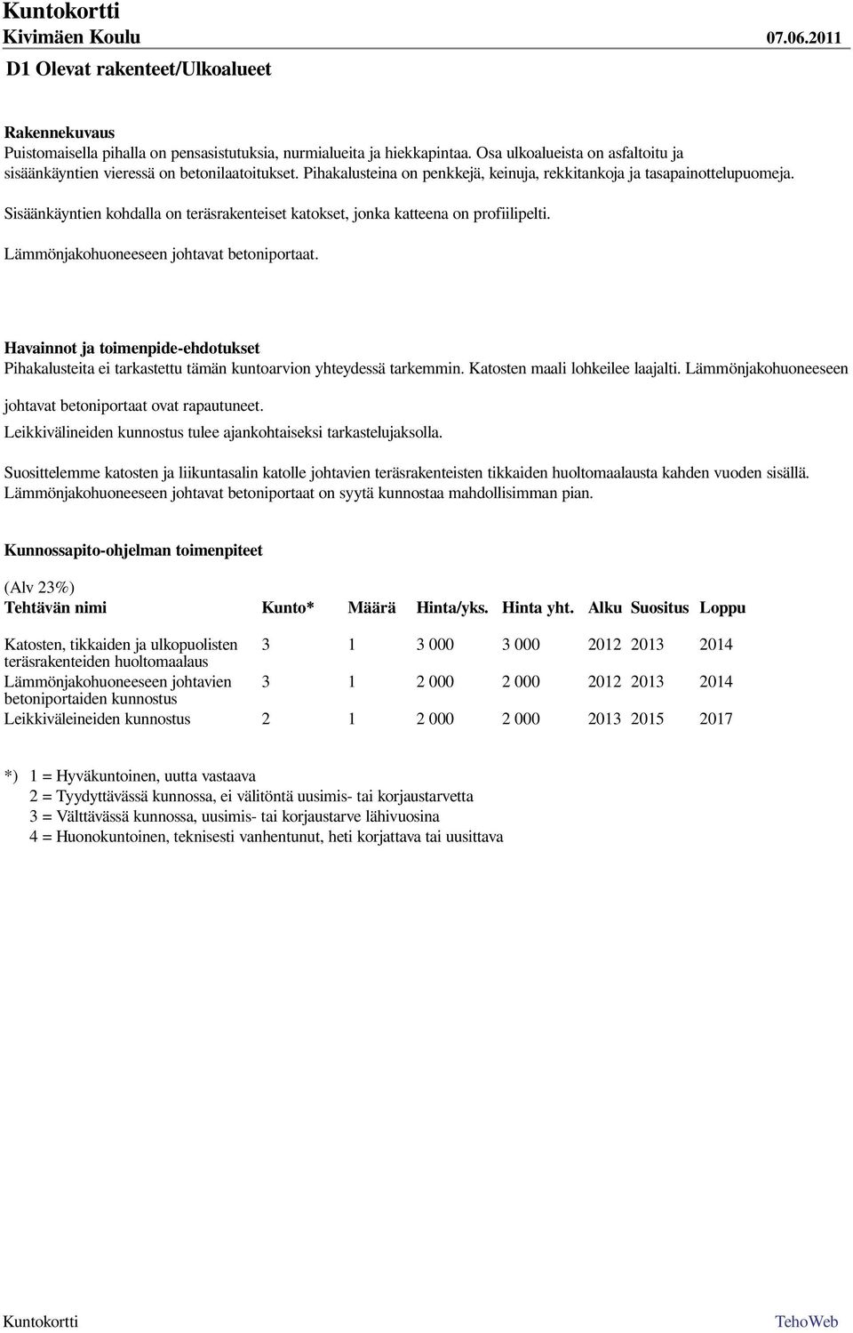 Lämmönjakohuoneeseen johtavat betoniportaat. Pihakalusteita ei tarkastettu tämän kuntoarvion yhteydessä tarkemmin. Katosten maali lohkeilee laajalti.