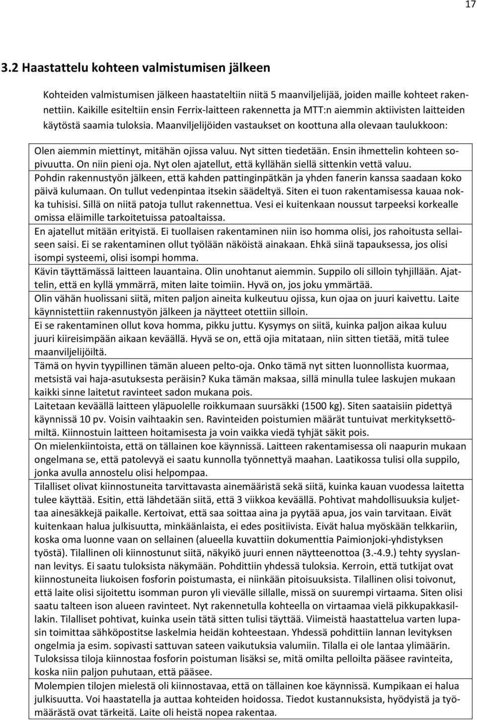 Maanviljelijöiden vastaukset on koottuna alla olevaan taulukkoon: Olen aiemmin miettinyt, mitähän ojissa valuu. Nyt sitten tiedetään. Ensin ihmettelin kohteen sopivuutta. On niin pieni oja.