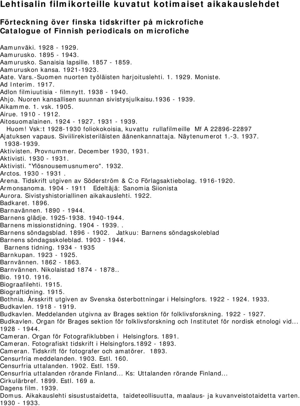 Adlon filmiuutisia - filmnytt. 1938-1940. Ahjo. Nuoren kansallisen suunnan sivistysjulkaisu.1936-1939. Aikamme. 1. vsk. 1905. Airue. 1910-1912. Aitosuomalainen. 1924-1927. 1931-1939. Huom!