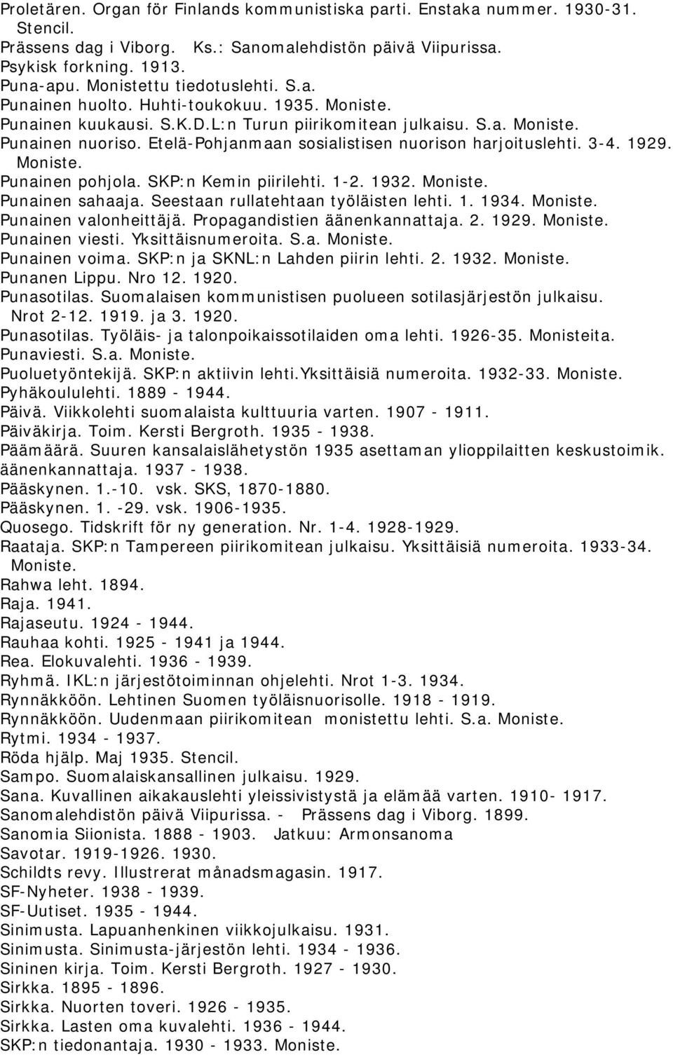 Etelä-Pohjanmaan sosialistisen nuorison harjoituslehti. 3-4. 1929. Moniste. Punainen pohjola. SKP:n Kemin piirilehti. 1-2. 1932. Moniste. Punainen sahaaja. Seestaan rullatehtaan työläisten lehti. 1. 1934.