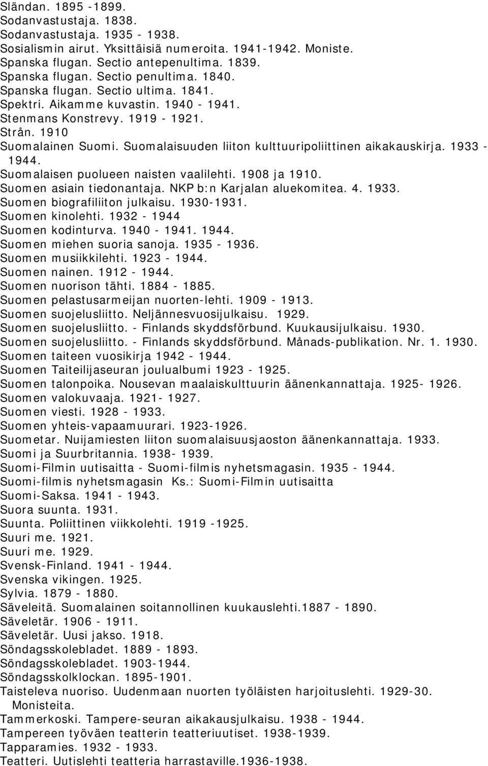 1933-1944. Suomalaisen puolueen naisten vaalilehti. 1908 ja 1910. Suomen asiain tiedonantaja. NKP b:n Karjalan aluekomitea. 4. 1933. Suomen biografiliiton julkaisu. 1930-1931. Suomen kinolehti.