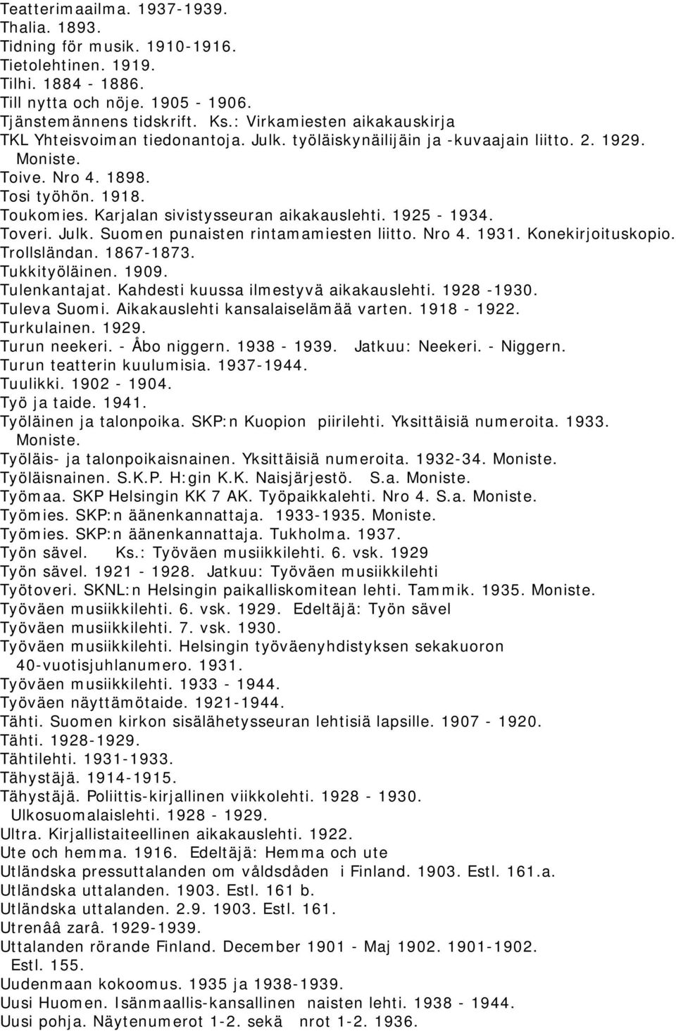 Karjalan sivistysseuran aikakauslehti. 1925-1934. Toveri. Julk. Suomen punaisten rintamamiesten liitto. Nro 4. 1931. Konekirjoituskopio. Trollsländan. 1867-1873. Tukkityöläinen. 1909. Tulenkantajat.