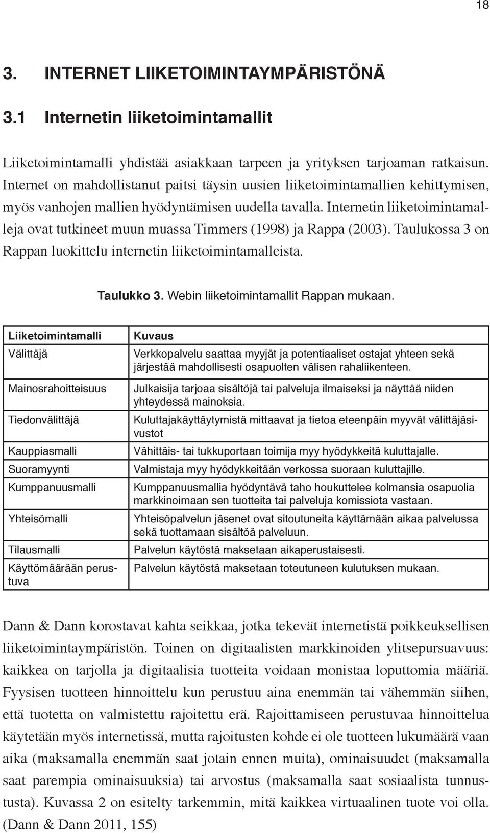 Internetin liiketoimintamalleja ovat tutkineet muun muassa Timmers (1998) ja Rappa (2003). Taulukossa 3 on Rappan luokittelu internetin liiketoimintamalleista. Taulukko 3.