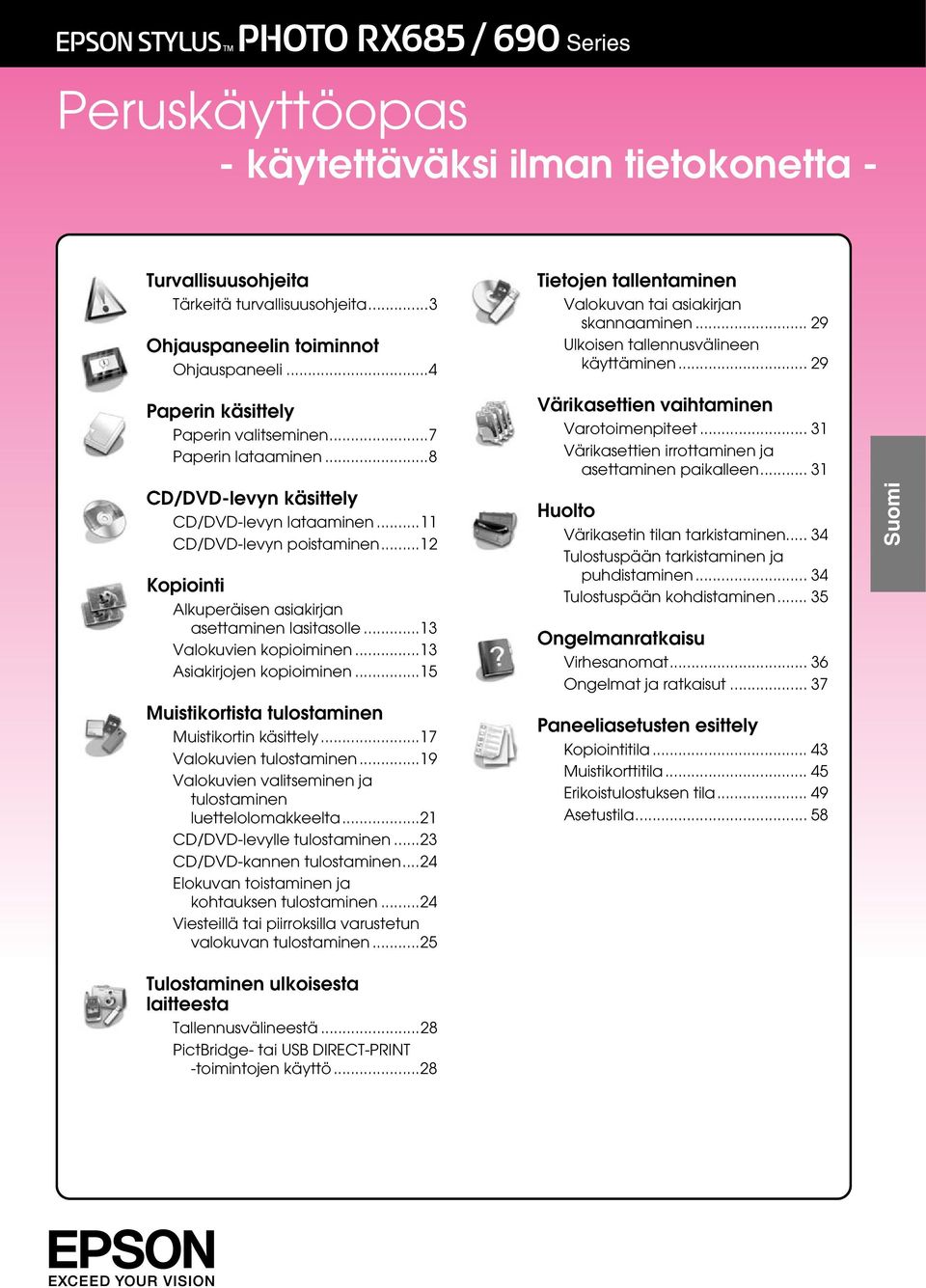 ..8 CD/DVDlevyn käsittely CD/DVDlevyn lataaminen...11 CD/DVDlevyn poistaminen...12 Kopiointi Alkuperäisen asiakirjan asettaminen lasitasolle...13 Valokuvien kopioiminen...13 Asiakirjojen kopioiminen.