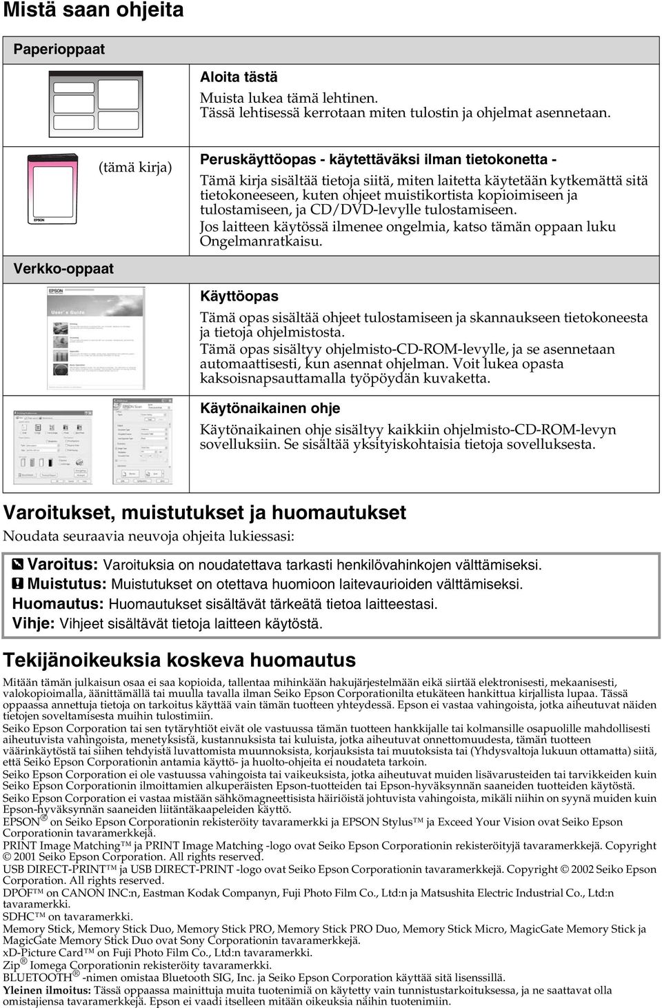 tulostamiseen, ja CD/DVDlevylle tulostamiseen. Jos laitteen käytössä ilmenee ongelmia, katso tämän oppaan luku Ongelmanratkaisu.