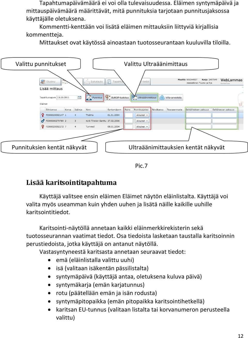 Valittu punnitukset Valittu Ultraäänimittaus Punnituksien kentät näkyvät Ultraäänimittauksien kentät näkyvät Pic.