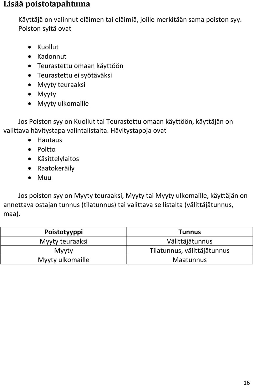 omaan käyttöön, käyttäjän on valittava hävitystapa valintalistalta.