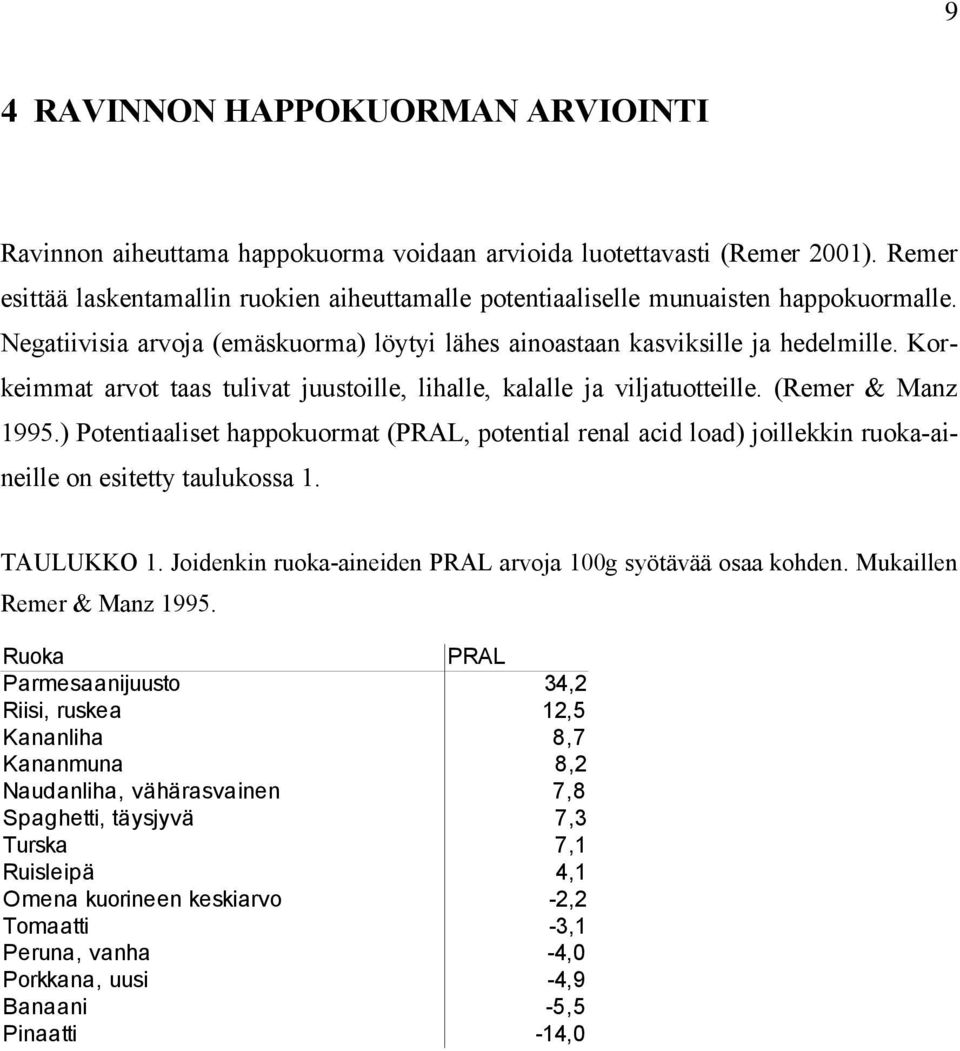 Korkeimmat arvot taas tulivat juustoille, lihalle, kalalle ja viljatuotteille. (Remer & Manz 1995.