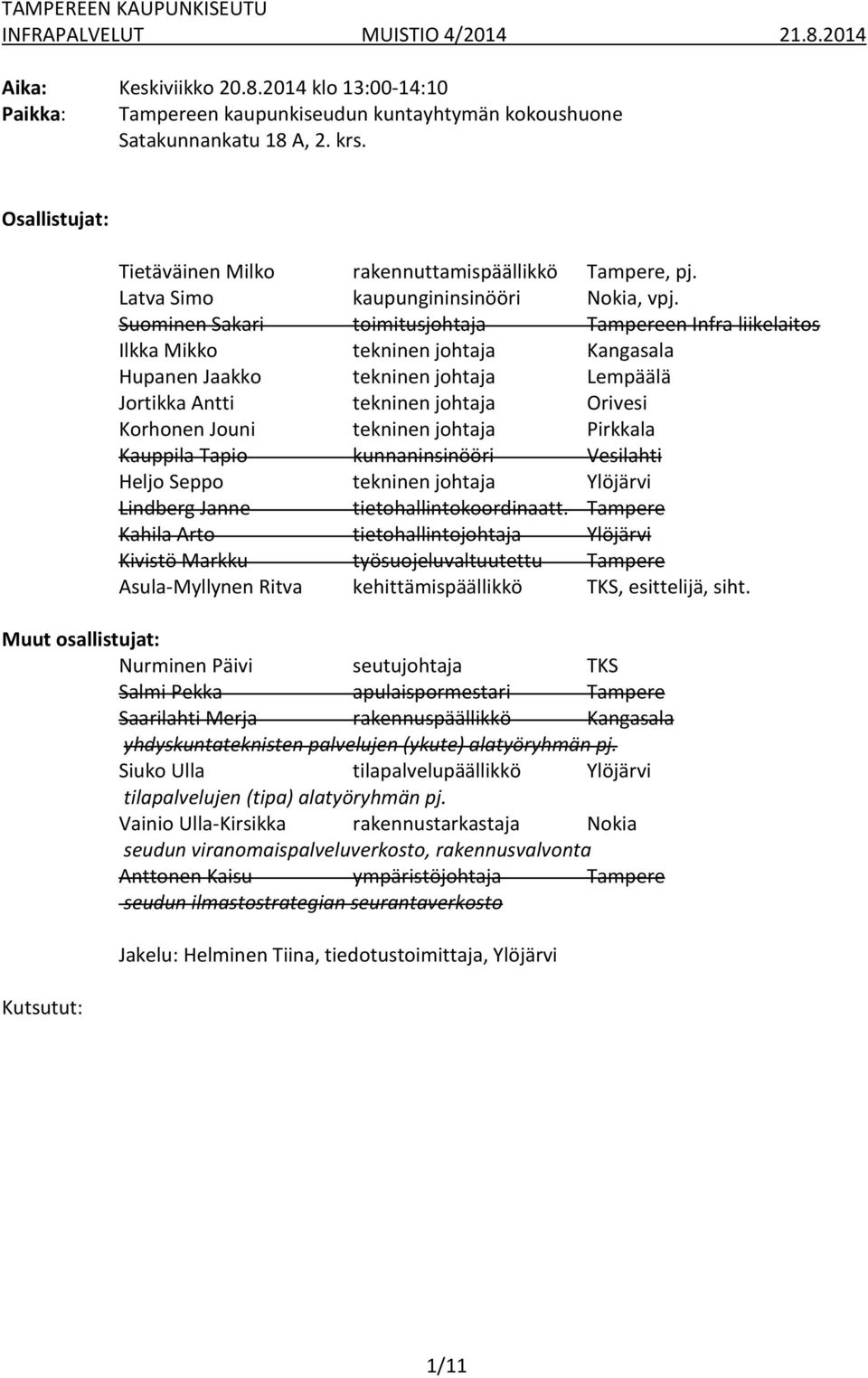 Suominen Sakari toimitusjohtaja Tampereen Infra liikelaitos Ilkka Mikko tekninen johtaja Kangasala Hupanen Jaakko tekninen johtaja Lempäälä Jortikka Antti tekninen johtaja Orivesi Korhonen Jouni