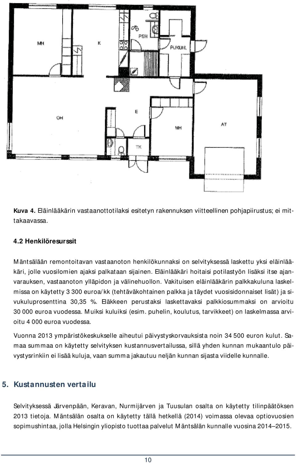Vakituisen eläinlääkärin palkkakuluna laskelmissa on käytetty 3 300 euroa/kk (tehtäväkohtainen palkka ja täydet vuosisidonnaiset lisät) ja sivukuluprosenttina 30,35 %.