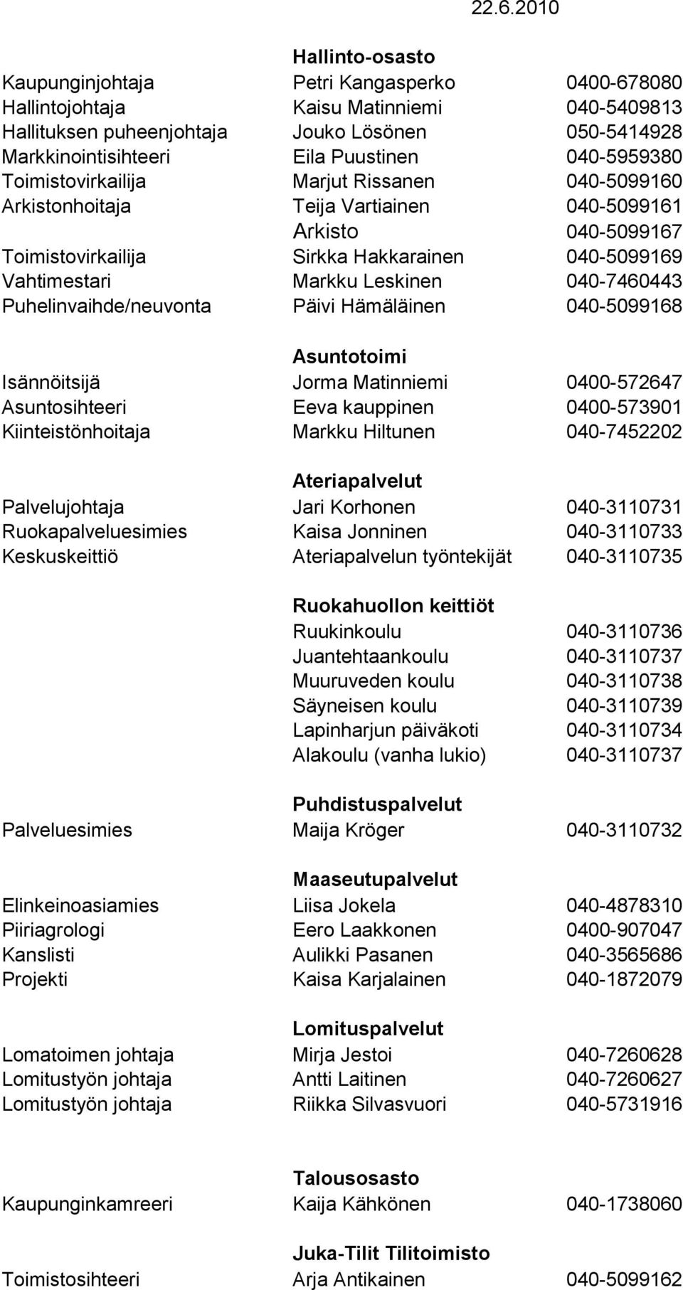 Markku Leskinen 040-7460443 Puhelinvaihde/neuvonta Päivi Hämäläinen 040-5099168 Asuntotoimi Isännöitsijä Jorma Matinniemi 0400-572647 Asuntosihteeri Eeva kauppinen 0400-573901 Kiinteistönhoitaja