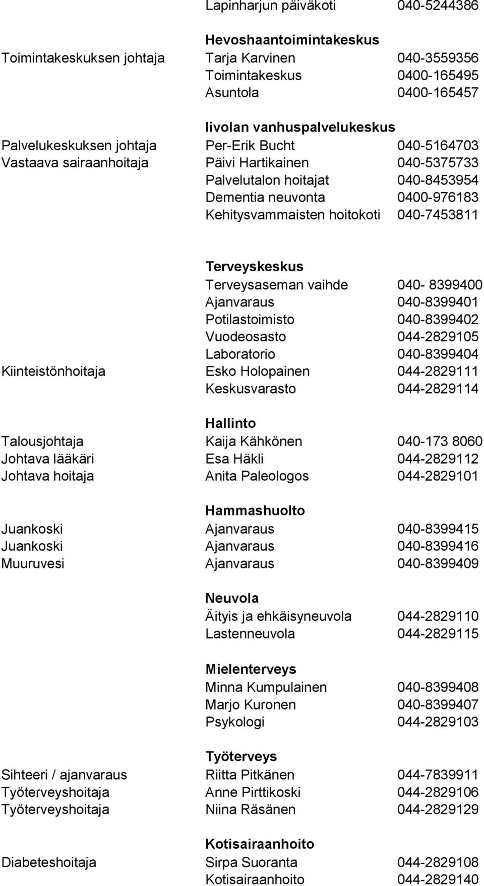 040-7453811 Terveyskeskus Terveysaseman vaihde 040-8399400 Ajanvaraus 040-8399401 Potilastoimisto 040-8399402 Vuodeosasto 044-2829105 Laboratorio 040-8399404 Kiinteistönhoitaja Esko Holopainen