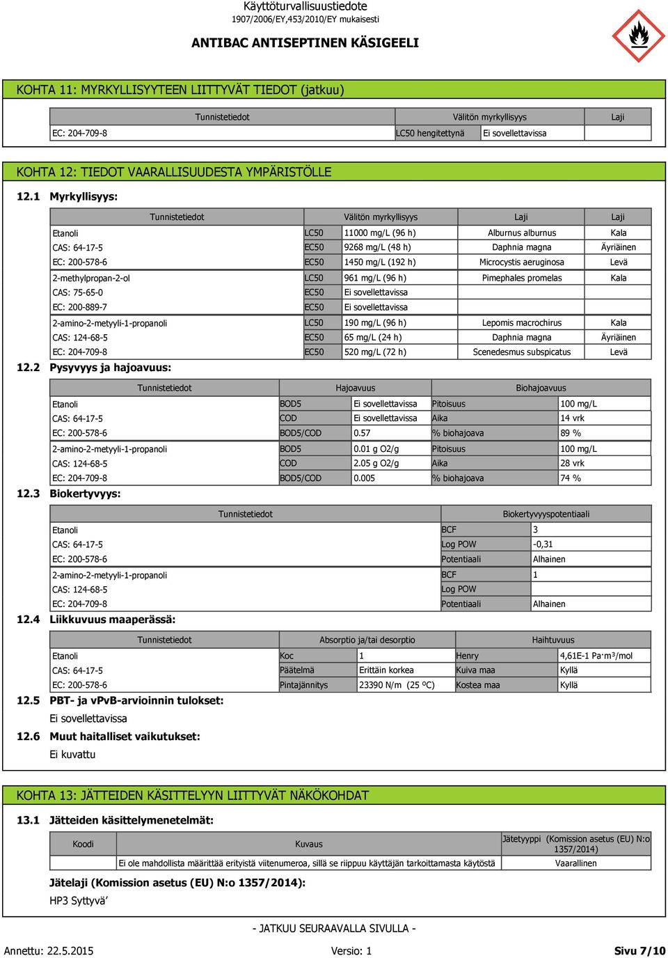 CAS: 75-65-0 EC: 200-889-7 LC50 961 mg/l (96 h) Pimephales promelas Kala 12.