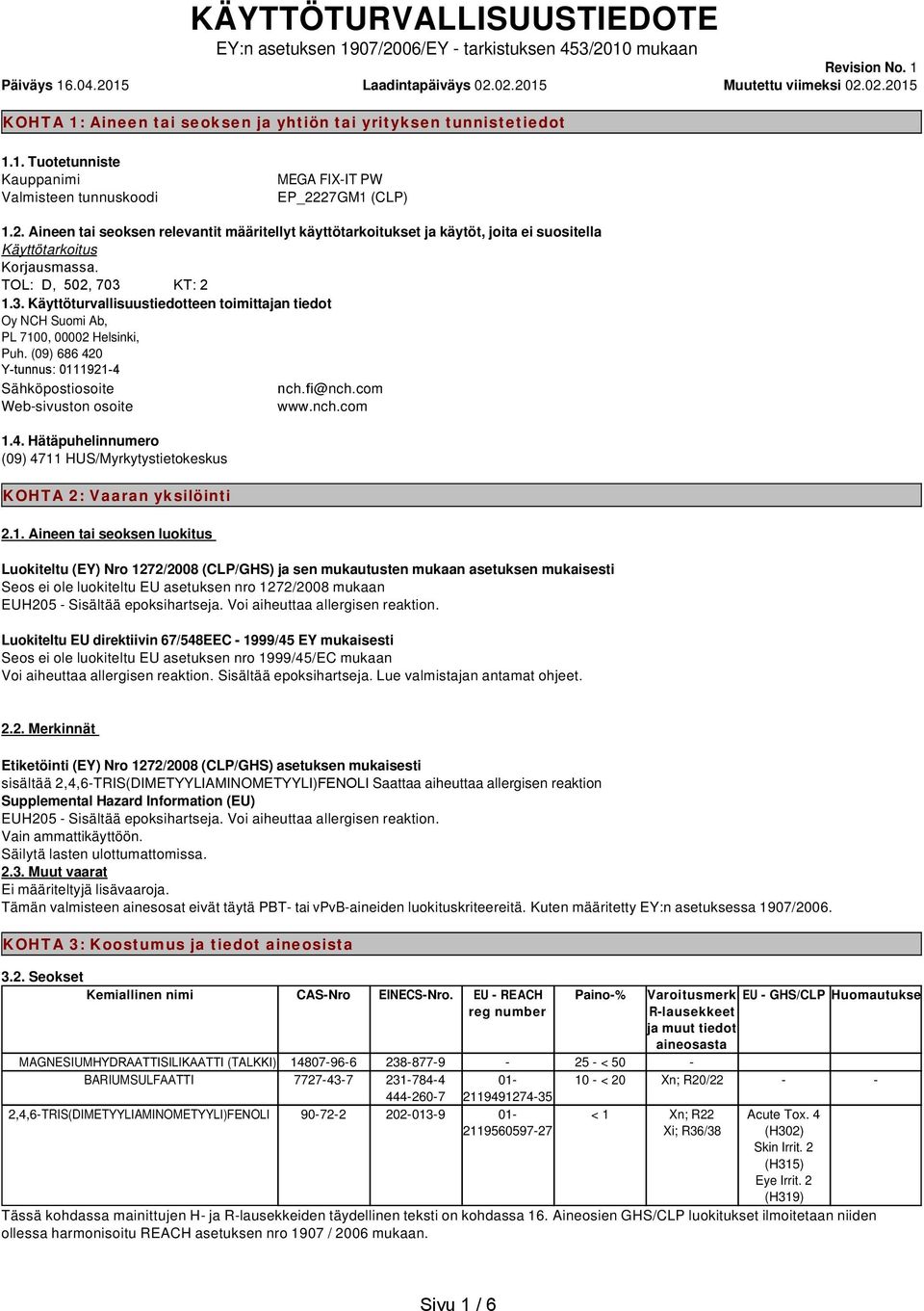 TOL: D, 502, 703 KT: 2 1.3. Käyttöturvallisuustiedotteen toimittajan tiedot Oy NCH Suomi Ab, PL 7100, 00002 Helsinki, Puh. (09) 686 420 Y-tunnus: 0111921-4 Sähköpostiosoite nch.fi@nch.
