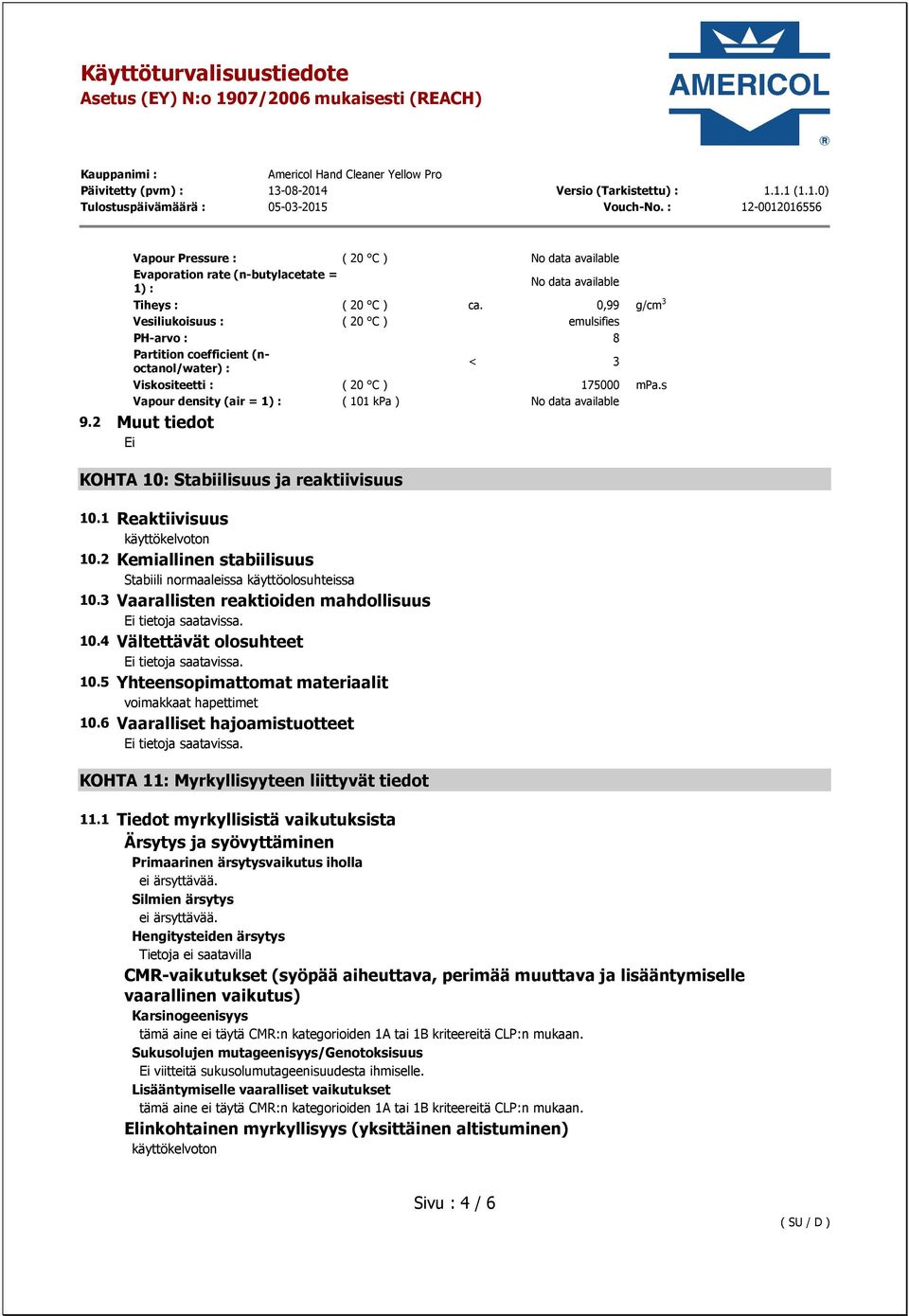 s Vapour density (air = 1) : ( 101 kpa ) No data available 9.2 Muut tiedot KOHTA 10: Stabiilisuus ja reaktiivisuus 10.1 Reaktiivisuus 10.