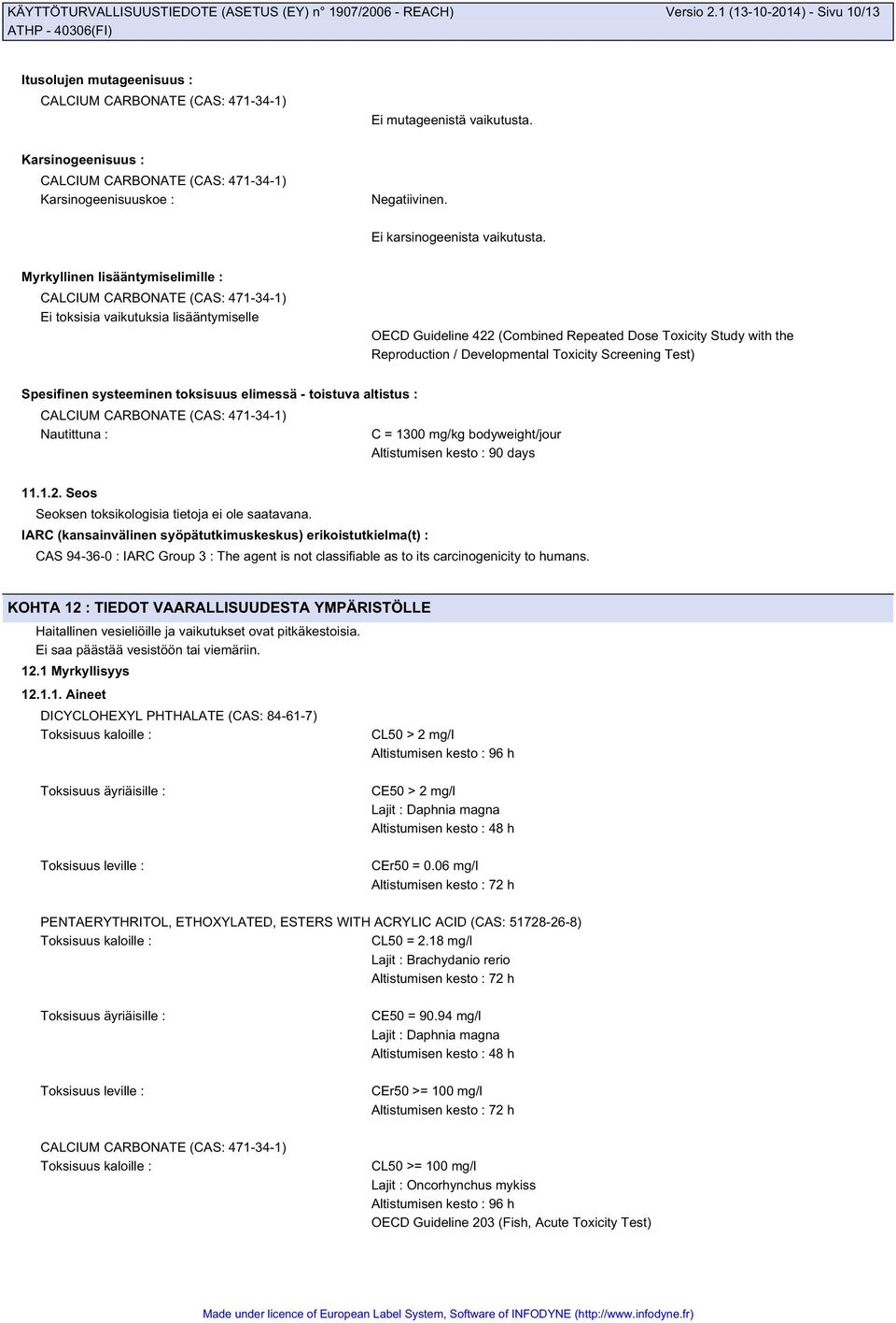 Myrkyllinen lisääntymiselimille : CALCIUM CARBONATE (CAS: 471-34-1) Ei toksisia vaikutuksia lisääntymiselle OECD Guideline 422 (Combined Repeated Dose Toxicity Study with the Reproduction /