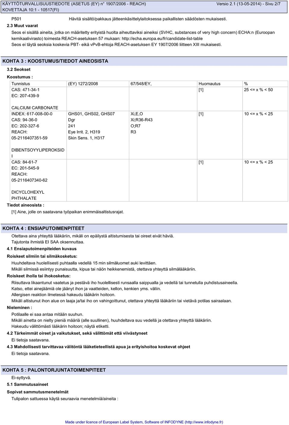 http://echa.europa.eu/fr/candidate-list-table Seos ei täytä seoksia koskevia PBT- eikä vpvb-ehtoja REACH-asetuksen EY 1907/2006 liitteen XIII mukaisesti. KOHTA 3 : KOOSTUMUS/TIEDOT AINEOSISTA 3.