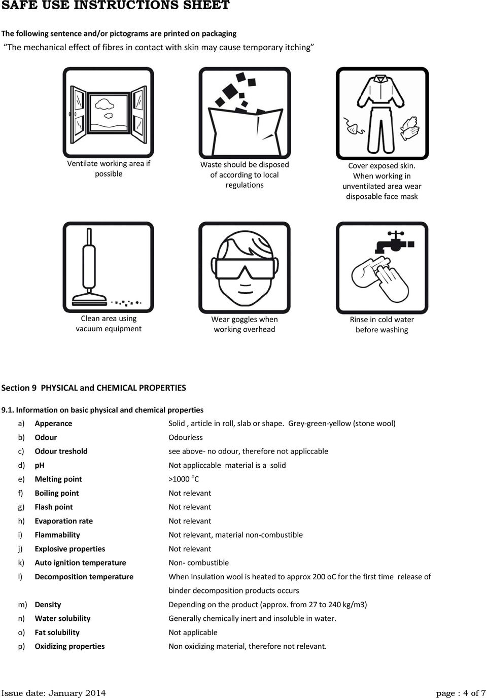 When working in unventilated area wear disposable face mask Clean area using vacuum equipment Wear goggles when working overhead Rinse in cold water before washing Section 9 PHYSICAL and CHEMICAL