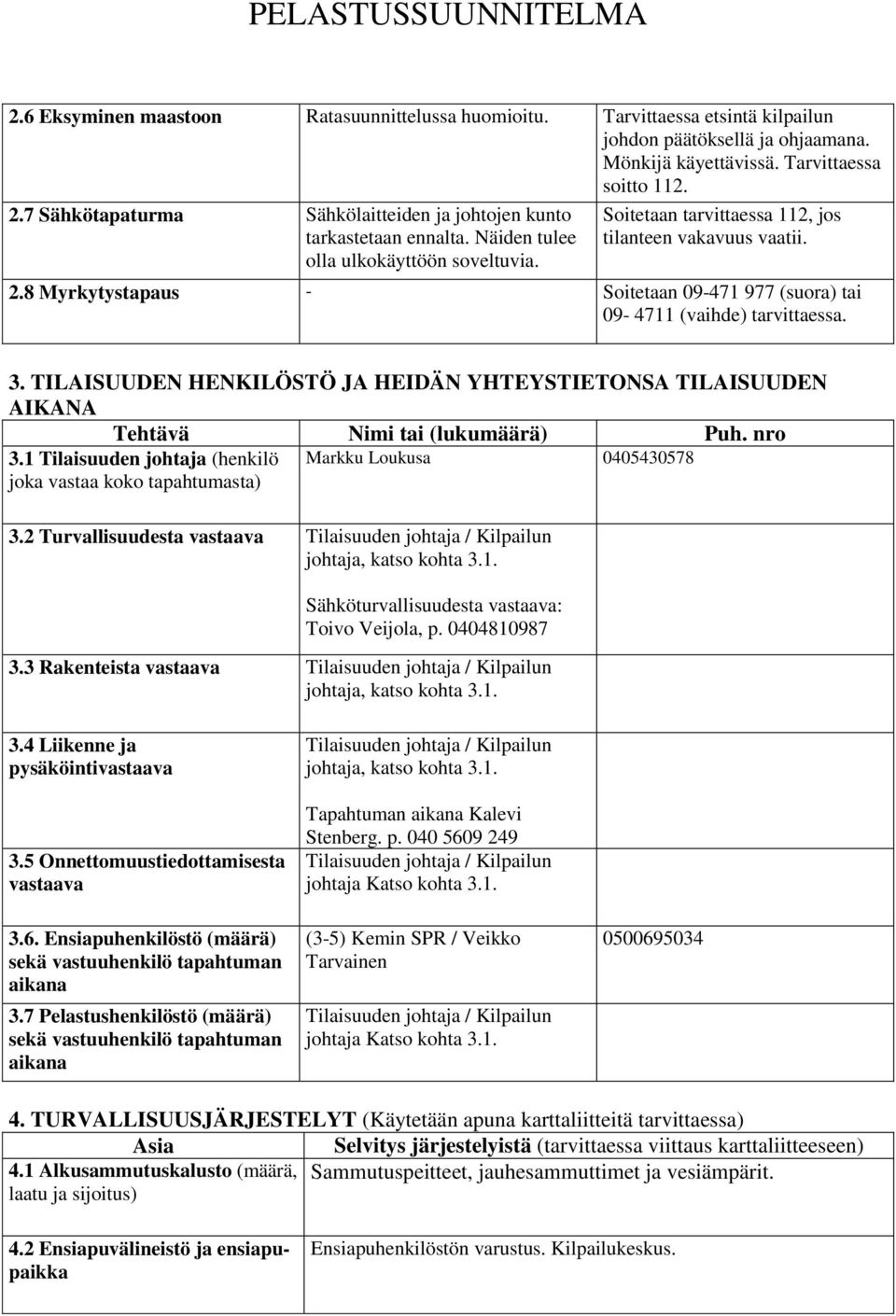 3. TILAISUUDEN HENKILÖSTÖ JA HEIDÄN YHTEYSTIETONSA TILAISUUDEN AIKANA Tehtävä Nimi tai (lukumäärä) Puh. nro 3.1 Tilaisuuden johtaja (henkilö joka vastaa koko tapahtumasta) Markku Loukusa 0405430578 3.