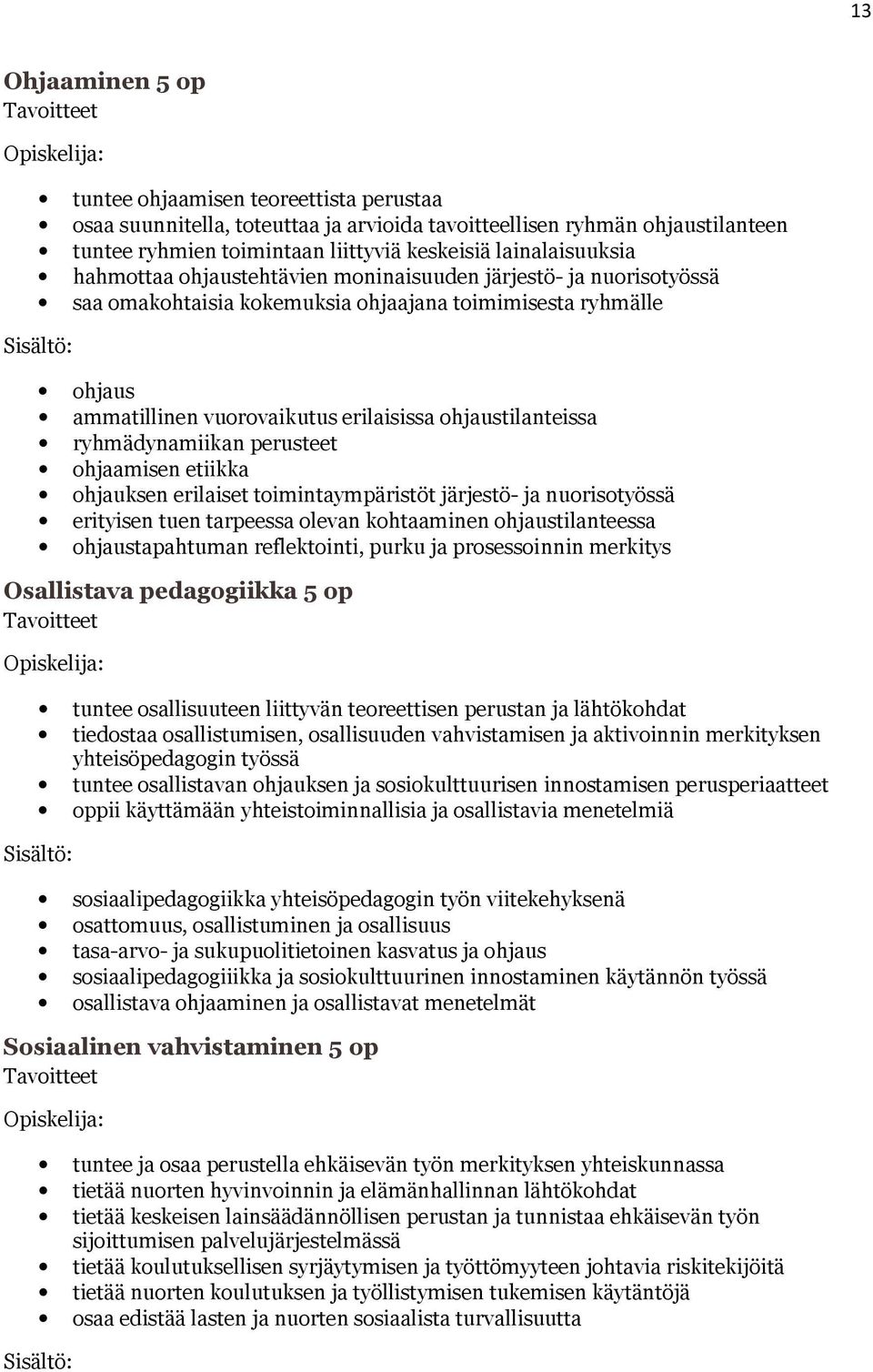 ryhmädynamiikan perusteet ohjaamisen etiikka ohjauksen erilaiset toimintaympäristöt järjestö- ja nuorisotyössä erityisen tuen tarpeessa olevan kohtaaminen ohjaustilanteessa ohjaustapahtuman