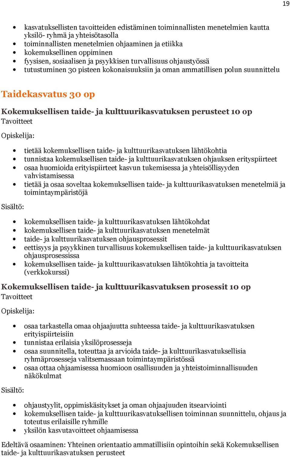 perusteet 10 op tietää kokemuksellisen taide- ja kulttuurikasvatuksen lähtökohtia tunnistaa kokemuksellisen taide- ja kulttuurikasvatuksen ohjauksen erityspiirteet osaa huomioida erityispiirteet