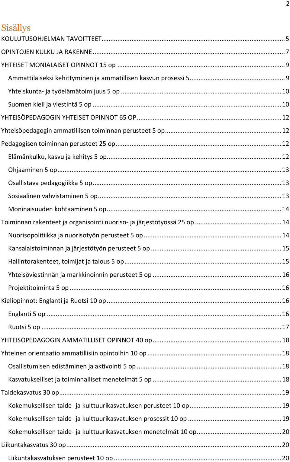 .. 12 Pedagogisen toiminnan perusteet 25 op... 12 Elämänkulku, kasvu ja kehitys 5 op... 12 Ohjaaminen 5 op... 13 Osallistava pedagogiikka 5 op... 13 Sosiaalinen vahvistaminen 5 op.