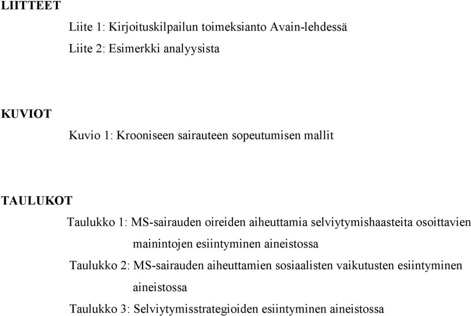 selviytymishaasteita osoittavien mainintojen esiintyminen aineistossa Taulukko 2: MS-sairauden