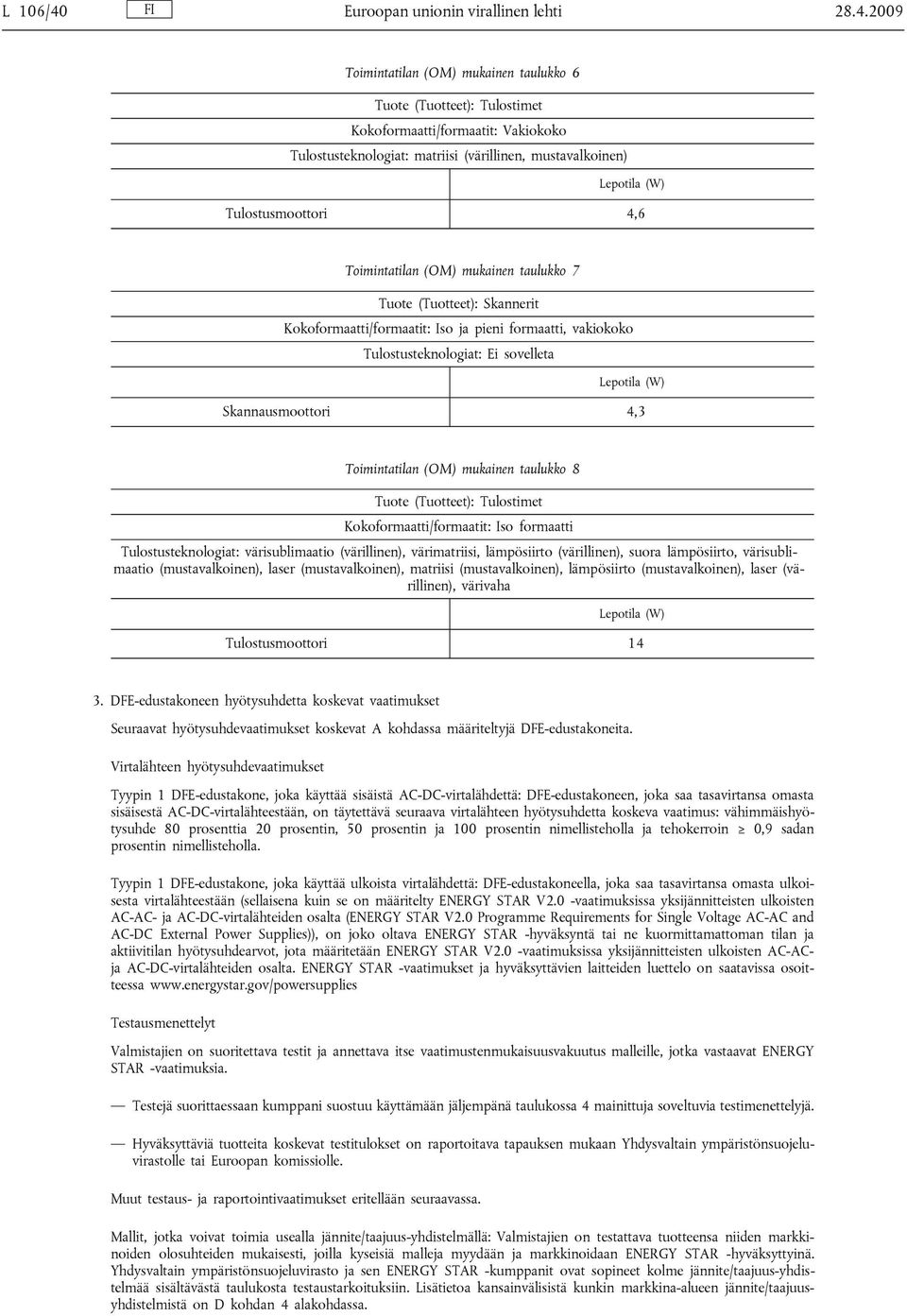 2009 Toimintatilan (OM) mukainen taulukko 6 Tuote (Tuotteet): Tulostimet Kokoformaatti/formaatit: Vakiokoko Tulostusteknologiat: matriisi (värillinen, mustavalkoinen) Lepotila (W) Tulostusmoottori