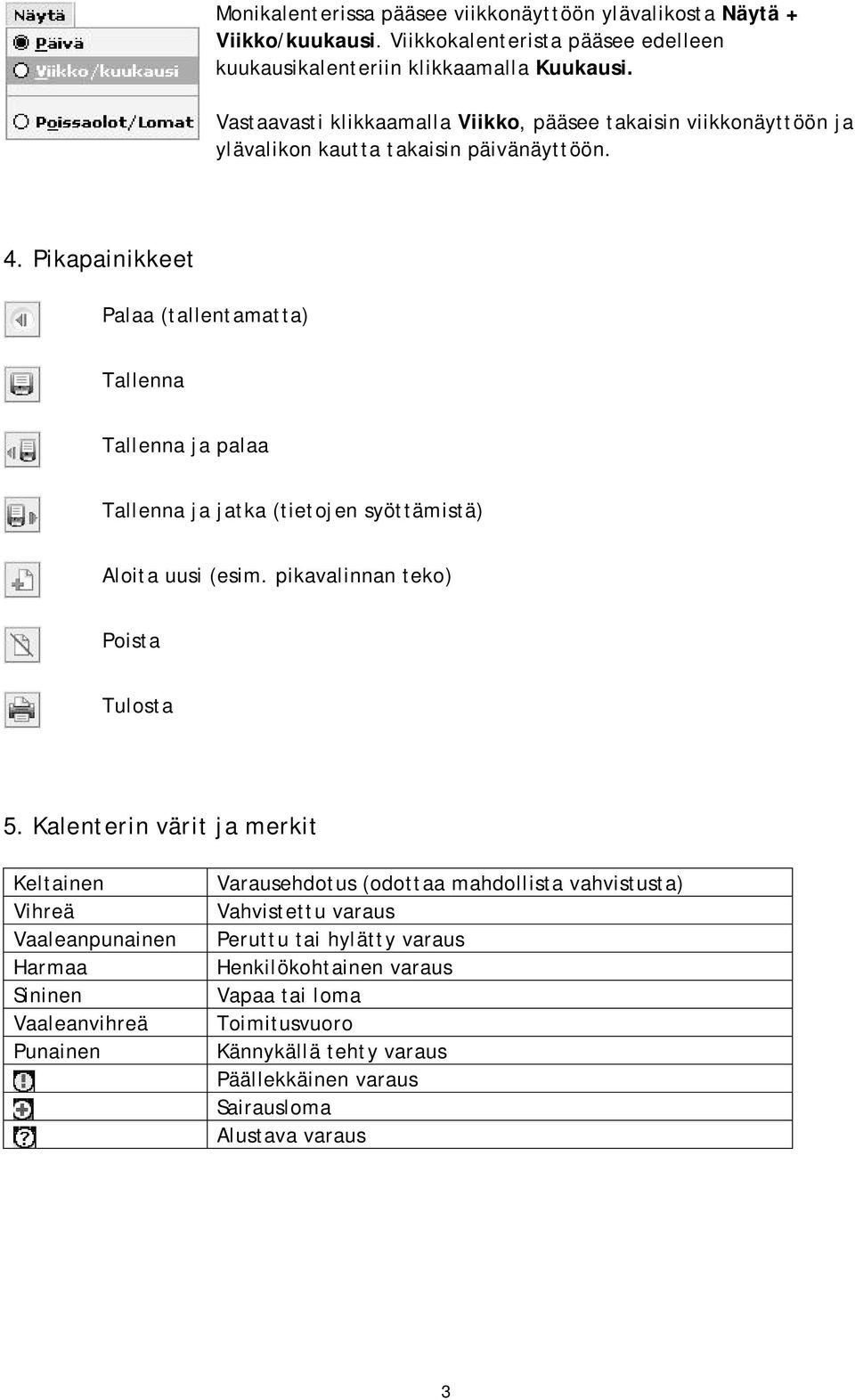 Pikapainikkeet Palaa (tallentamatta) Tallenna Tallenna ja palaa Tallenna ja jatka (tietojen syöttämistä) Aloita uusi (esim. pikavalinnan teko) Poista Tulosta 5.
