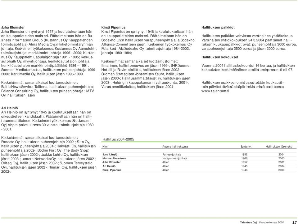 Keskeinen työkokemus: Kustannus Oy Aamulehti, toimitusjohtaja, markkinointijohtaja 1996-2000; Kustannus Oy Kauppalehti, apulaisjohtaja 1991-1995; Keskusautohalli Oy, myyntijohtaja, henkilöautotalon