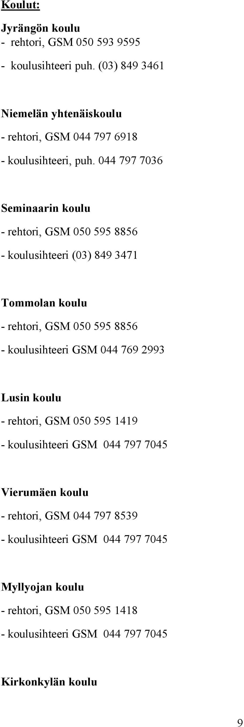 044 797 7036 Seminaarin koulu - rehtori, GSM 050 595 8856 - koulusihteeri (03) 849 3471 Tommolan koulu - rehtori, GSM 050 595 8856 -