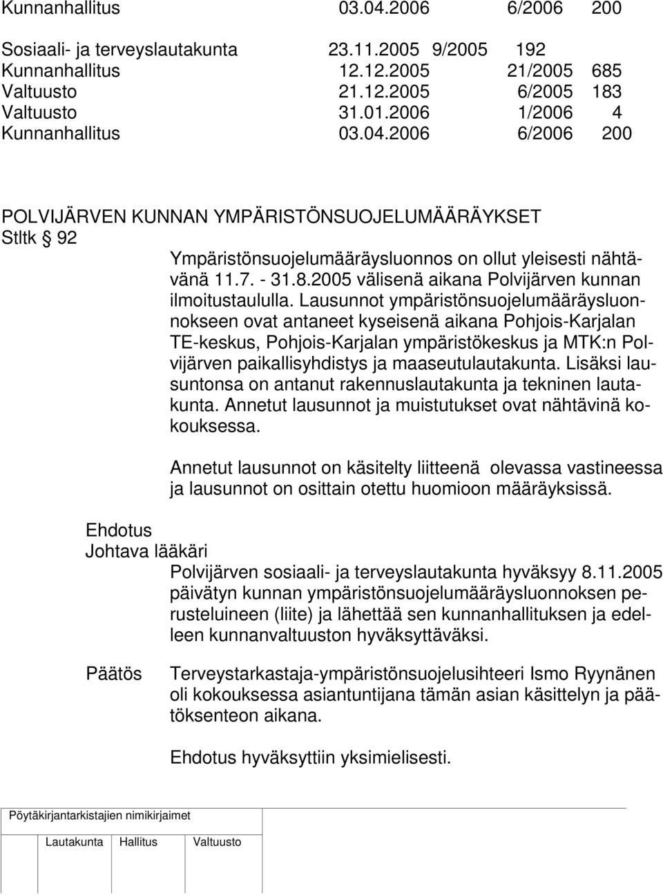 Lausunnot ympäristönsuojelumääräysluonnokseen ovat antaneet kyseisenä aikana Pohjois-Karjalan TE-keskus, Pohjois-Karjalan ympäristökeskus ja MTK:n Polvijärven paikallisyhdistys ja maaseutulautakunta.