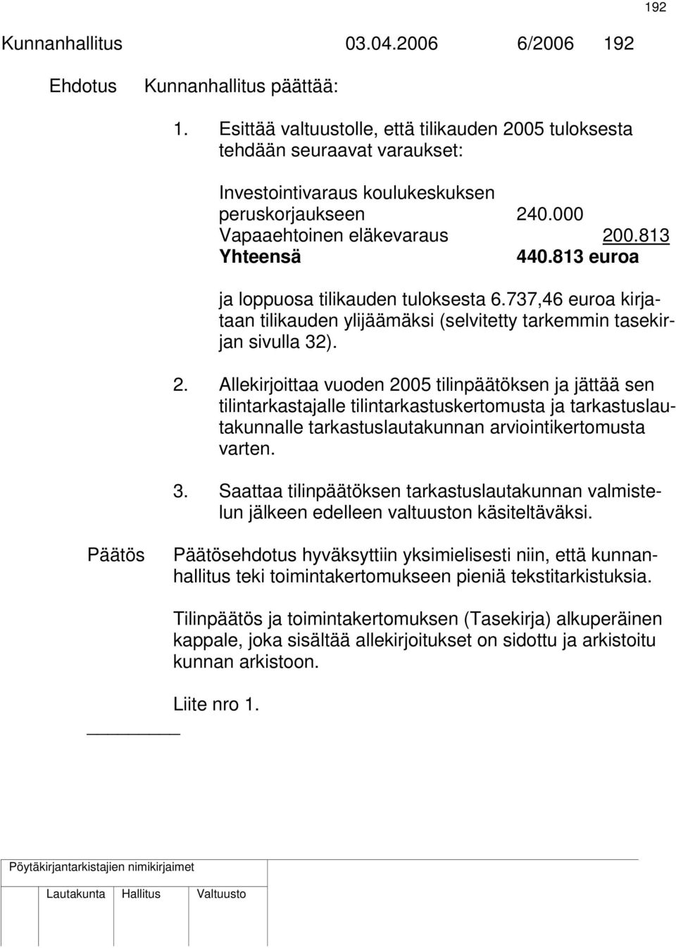 813 euroa ja loppuosa tilikauden tuloksesta 6.737,46 euroa kirjataan tilikauden ylijäämäksi (selvitetty tarkemmin tasekirjan sivulla 32). 2.