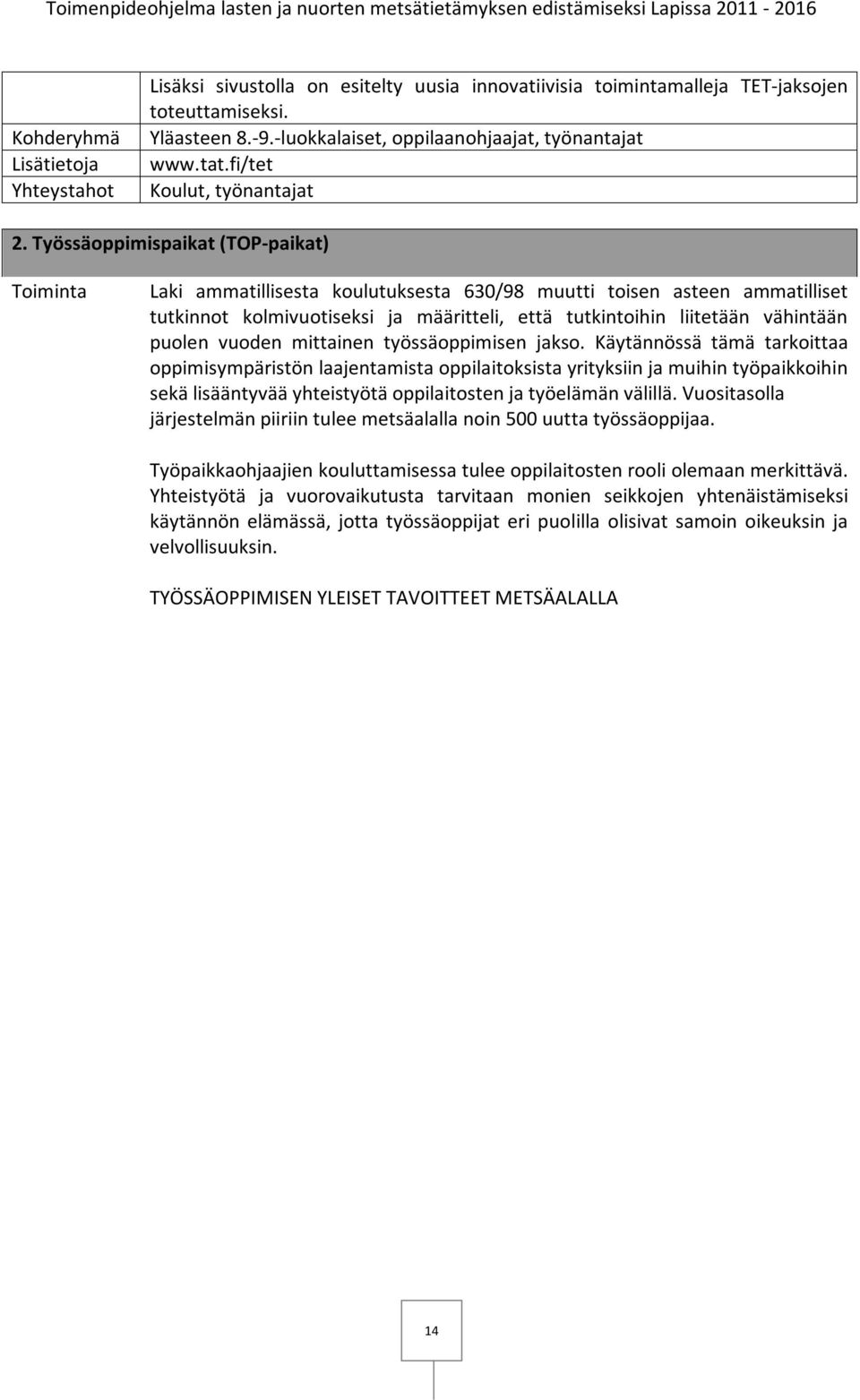 Työssäoppimispaikat (TOP-paikat) Toiminta Laki ammatillisesta koulutuksesta 630/98 muutti toisen asteen ammatilliset tutkinnot kolmivuotiseksi ja määritteli, että tutkintoihin liitetään vähintään