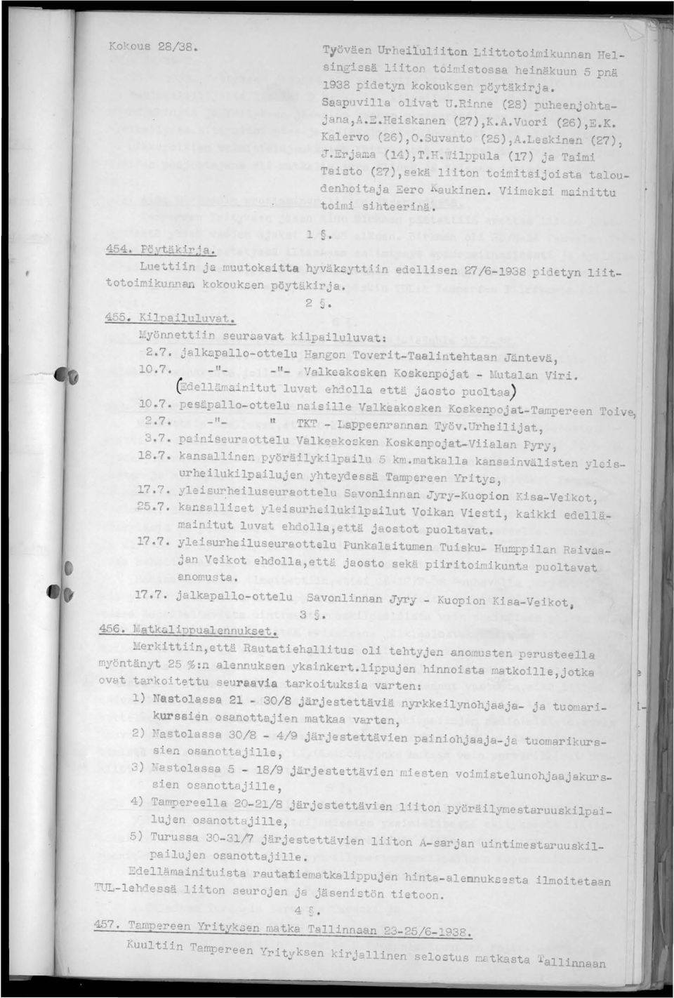 Viimeksi m~inittu to'! i sihte rinä. t 4.54. Fc!t~kir.7 a. 1 ~. idetyn liit Lupttiin ja muutoks'tta hyväks ttiin edellisen?'7/6-1938 totoimik~nn! kokouksen pörtukirja. 2 S. 4~5. Kilpailuluvat.